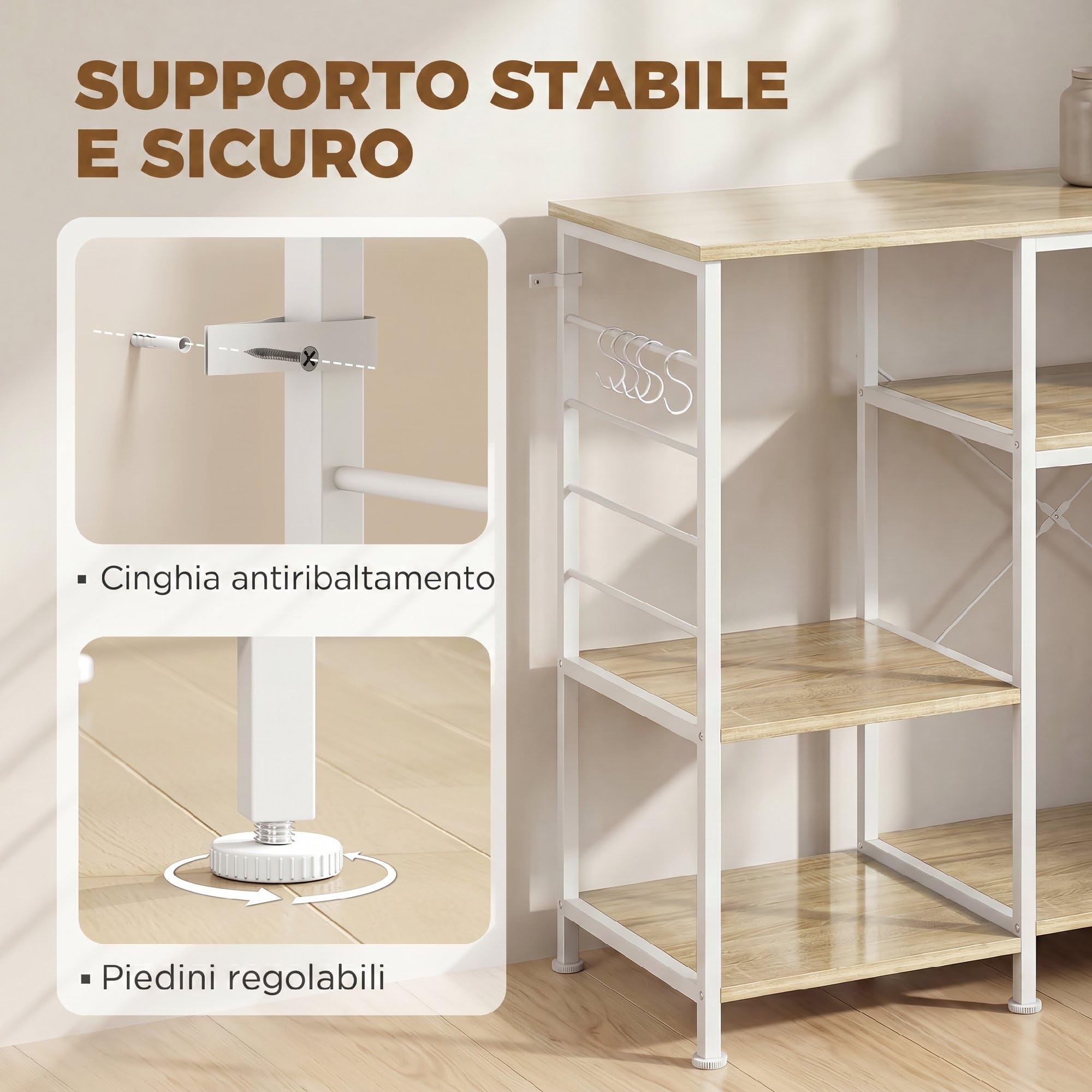 HOMCOM Scaffale Cucina con Ripiani, Scaffale Portaoggetti Salvaspazio in Legno e Metallo con 5 Ganci a S e Piedini Regolabili, per Spezie, Pentole e Padelle, 90x39x83.5 cm, Rovere