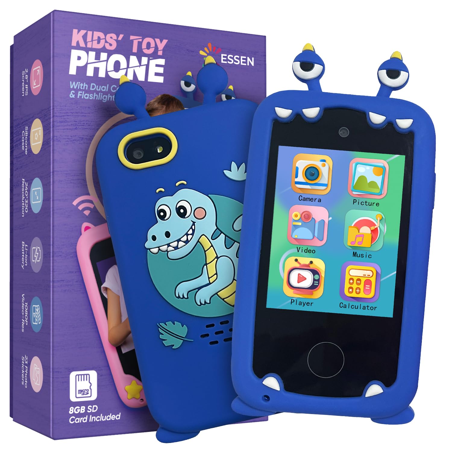 ESSEN Kids Smart Phone Toys for Girls Ages 3-8 Toddler Play Travel Toys with Dual Camera Educational Learning Game Puzzle MP3 Music Player Birthday Gift for Kids Girls 3 4 5 6 7 8 Year Old (8 GB)-Blue