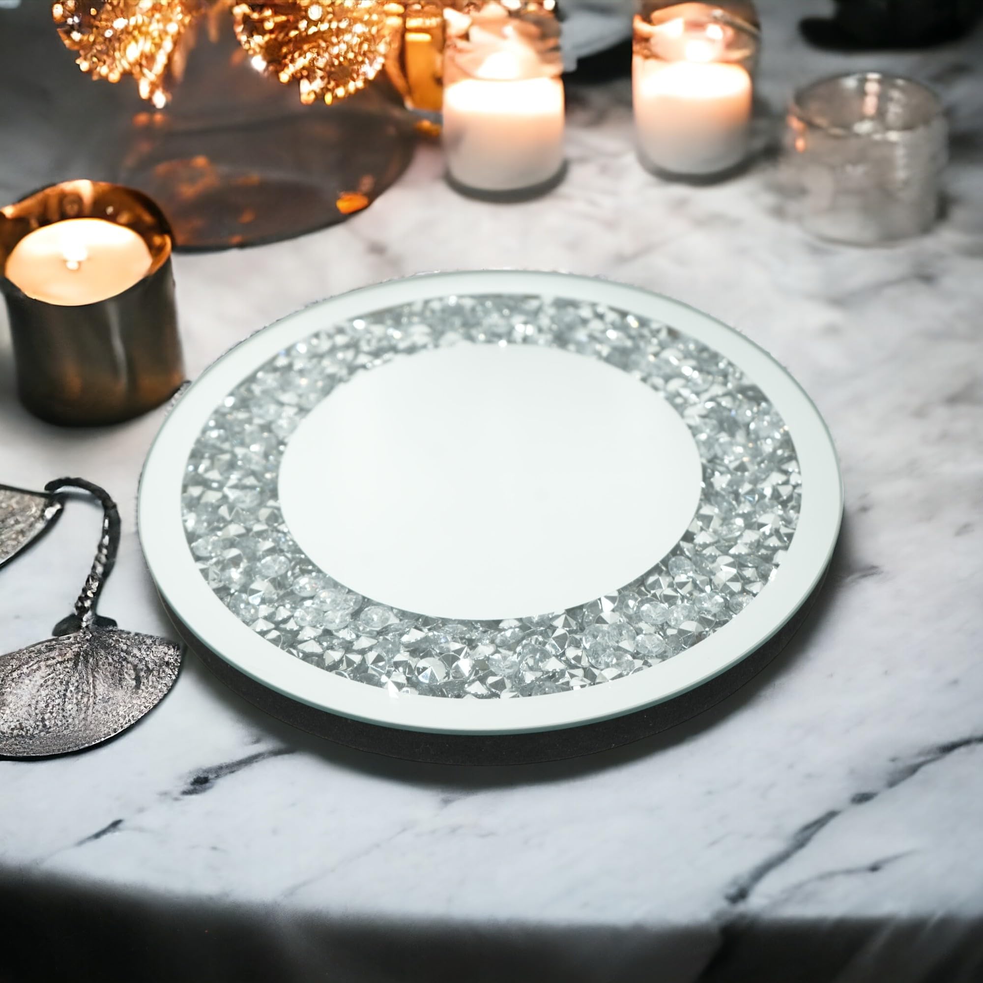 SERENA'S ® Round Shape Diamante Mirrored Crystal Candle Plate 25cm - an Elegant Addition to Your Home Table Top - Best Gift