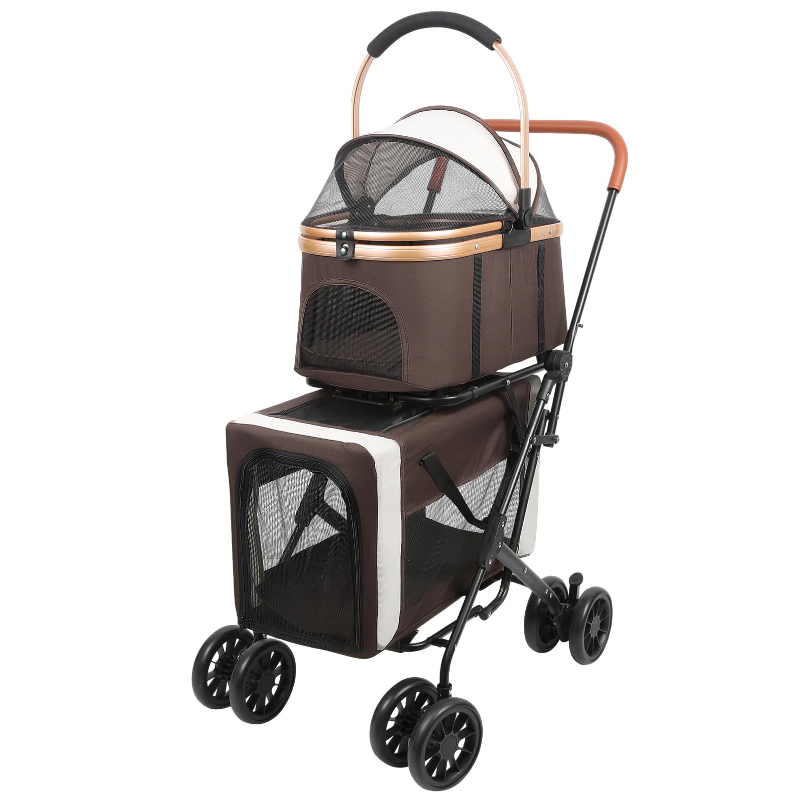 Faltbarer Transportwagen für zwei Tiere bis zu 15 kg pro Tier Transportbox Transporttasche Hundekäfig 4 stoßdämpfende Räder (Braun)