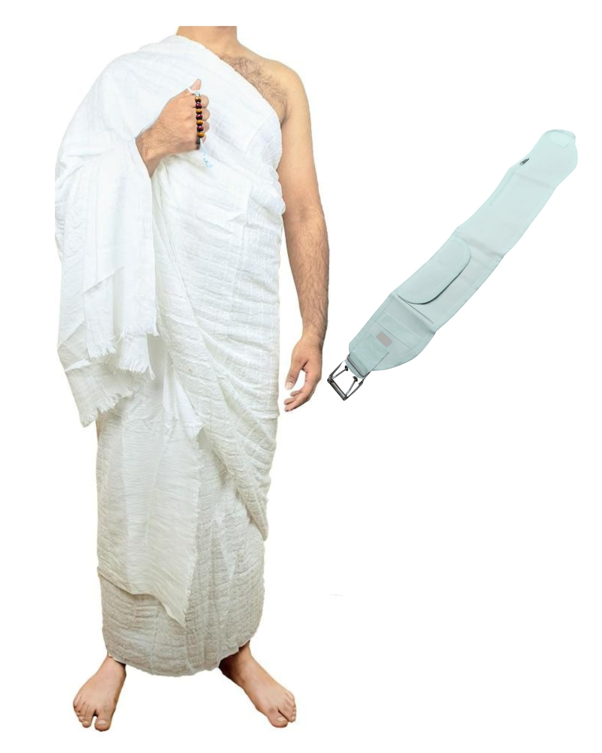Taj Men's White Premium Ihram For Umrah – 100% Pure Cotton Ahram Hajj & Umrah 2 Pcs Towel Set With Money Belt, Tasbih Islamic Prayer Beads (7 Beads)