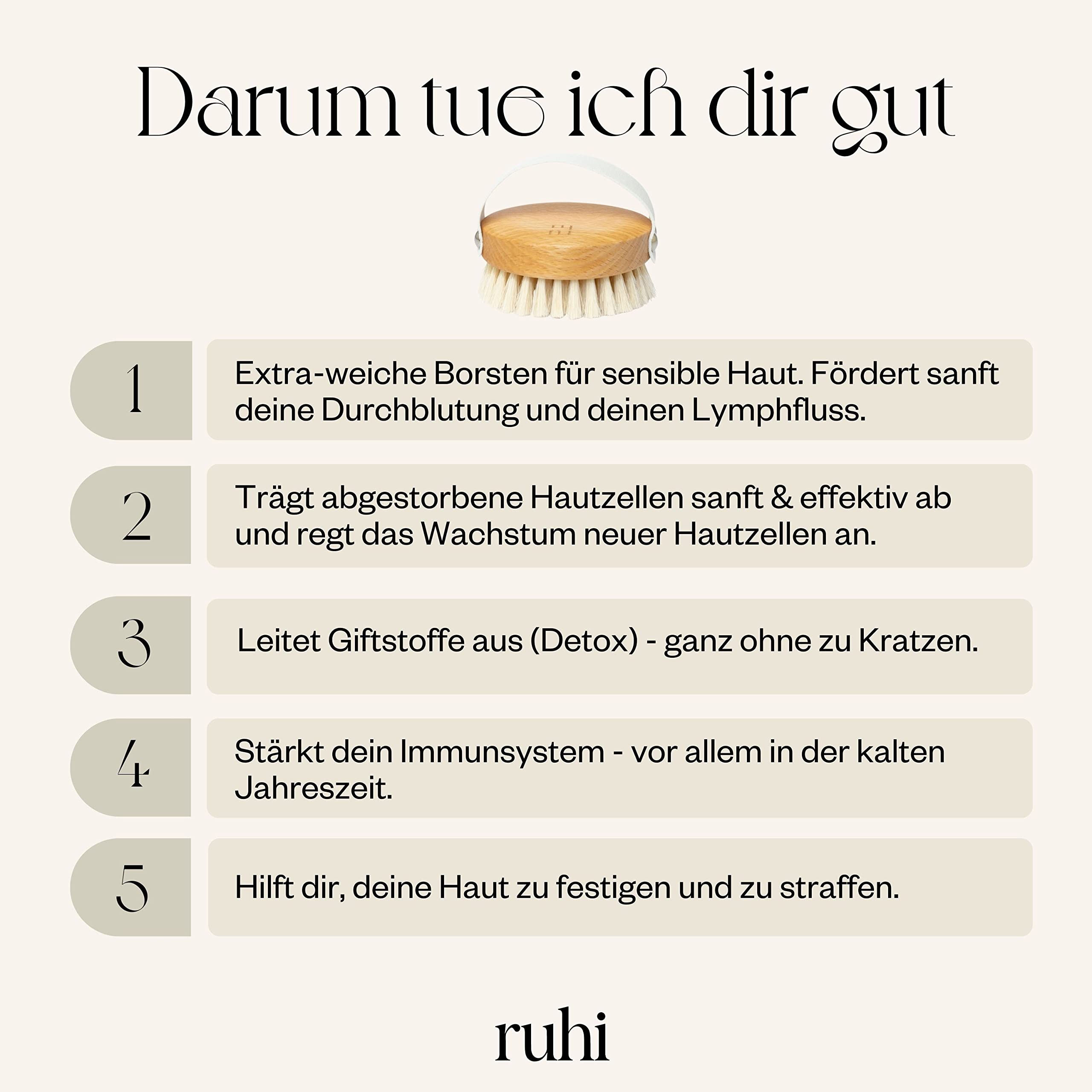 ruhi® Körperbürste, Trockenbürste, Massagebürste weich aus Naturborsten/gefertigt in Deutschland, regionales Buchenholz zur Trockenbürsten Massage (dry brush), Lymphdrainage gegen Cellulite
