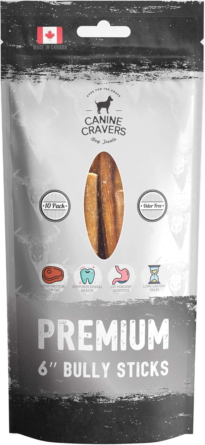 Canine Cravers Maplewood Smoked Bully Sticks 12” Inch - 100% Natural Free Range Grass Fed Beef - Made in Canada Odor-Reduced Long Lasting, Rawhide Free Dog Chews High Protein Low Fat Dental Care