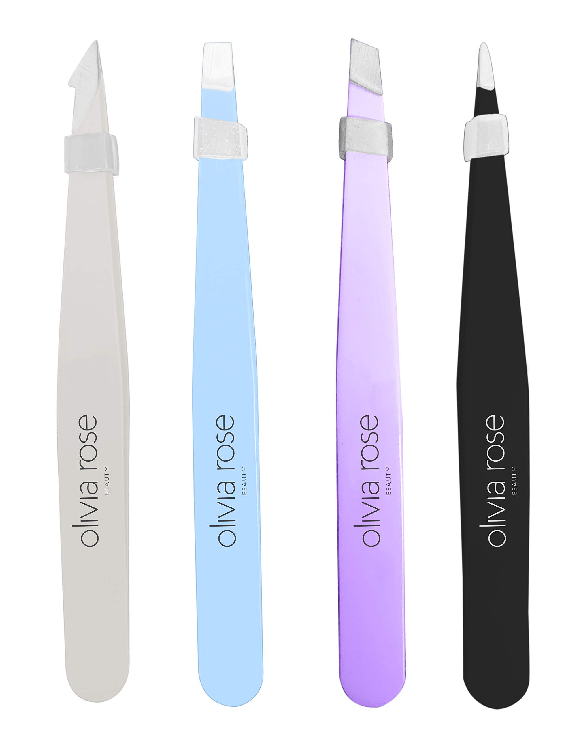 Olivia Rose Tweezer Set 4-Piece Professional Tweezers for Women/Men, Great Precision Hair Tweezers for Eyebrows/Facial Hair Removal/Ingrown Hairs/Splinter/Tick Remover Grey,Light Blue,Lavender,Black