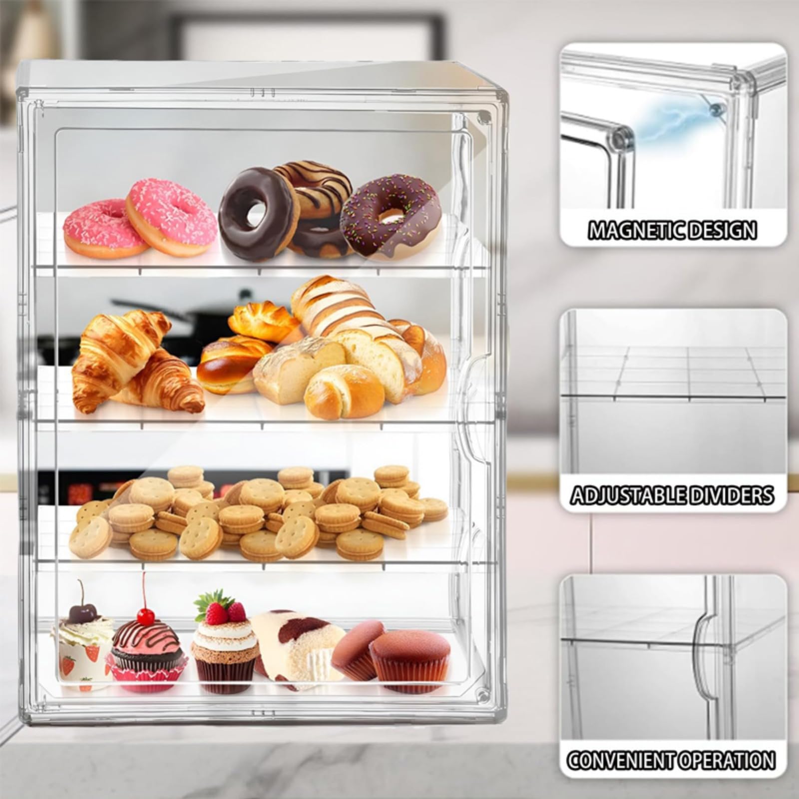 Vitrina de repostería para pan, caja de acrílico para donas, pasteles, pasteles, postres, magdalenas, galletas, para encimera de cocina, almacenamiento de pan transparente ajustable de 4