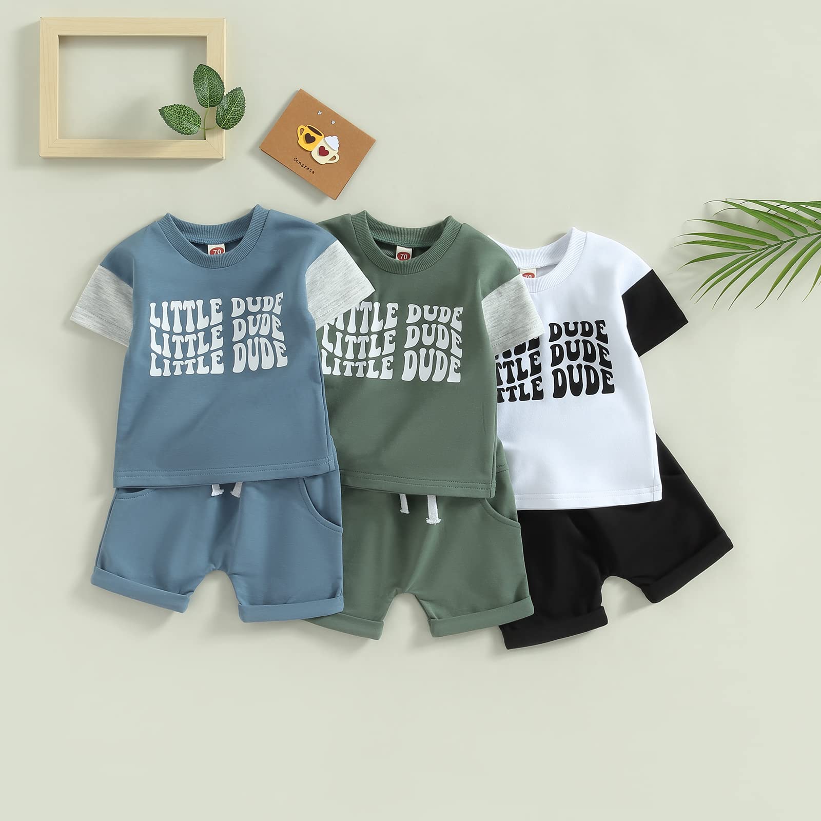Infant Baby Boys Summer Clothes Outfits Sets Little Dude Short Sleeve Drop Shoulder T Shirt Casual Shorts Set (Green-A, 6-12 Months)