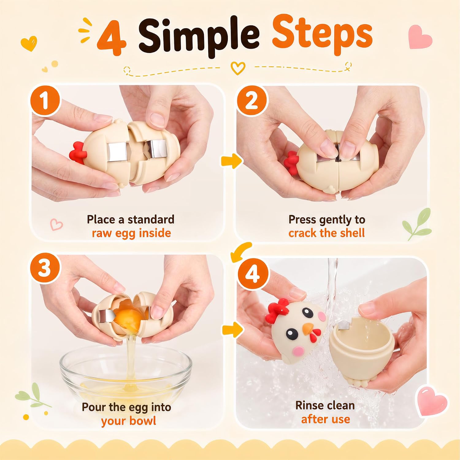 Egg Cracker Tool for Raw Eggs, Cute Chicken Silicone Egg Shell Opener Khaki image 2