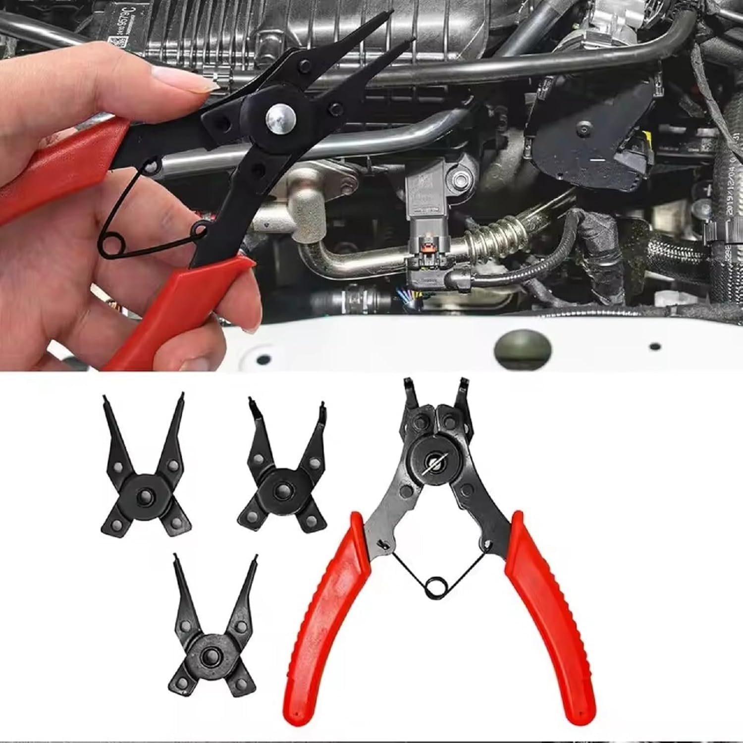 AEE® 4’ü 1 Arada Çok Fonksiyonlu Segman Pensesi Seti – İç & Dış Segmanlar İçin, 45° / 90° / 180° Değiştirilebilir Uçlu, Yaylı Halka Pensesi, Plastik Saplı