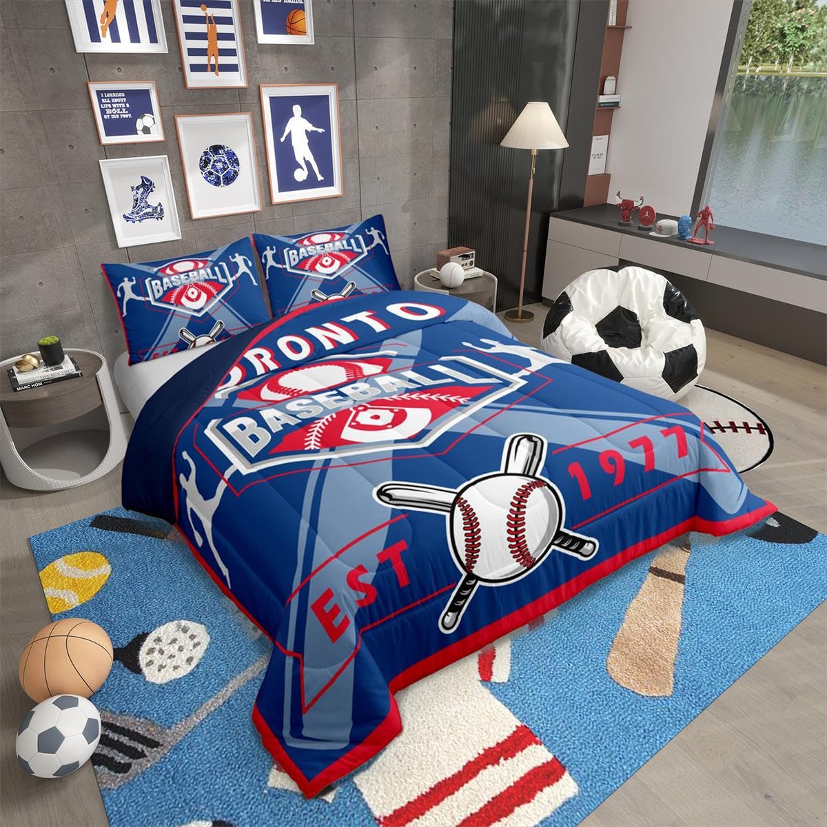 Erosebridal Sports Bedding Twin,Baseball Players Comforter for Kids Boys Girls,Baseball Lovers Quilt Inner Fill,Baseball City Down Comforter with 1 Pillowcase,Blue Red,Toronto