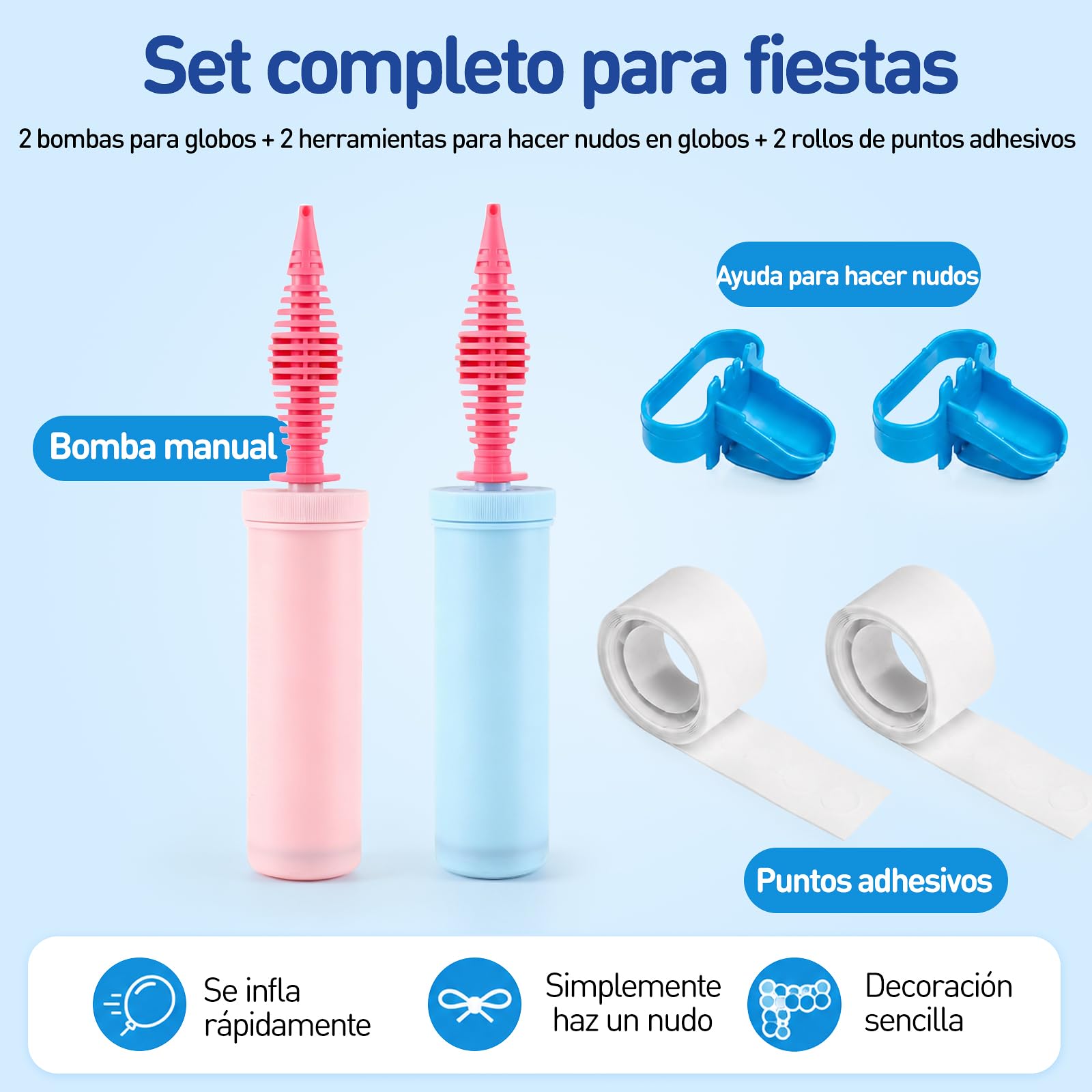 Inflador Globos Manual con 2 Anudadores y 200 Puntos de Pegamento para Bodas y Fiestas