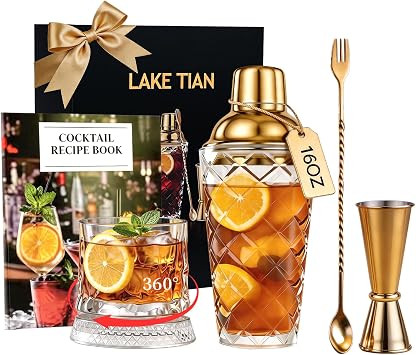 LAKE TIAN Glass Cocktail Shaker Set - 4 Piece - with Whiskey rotating glass Strainer, Jigger, Spoon for Home Bar/Trolley Déco