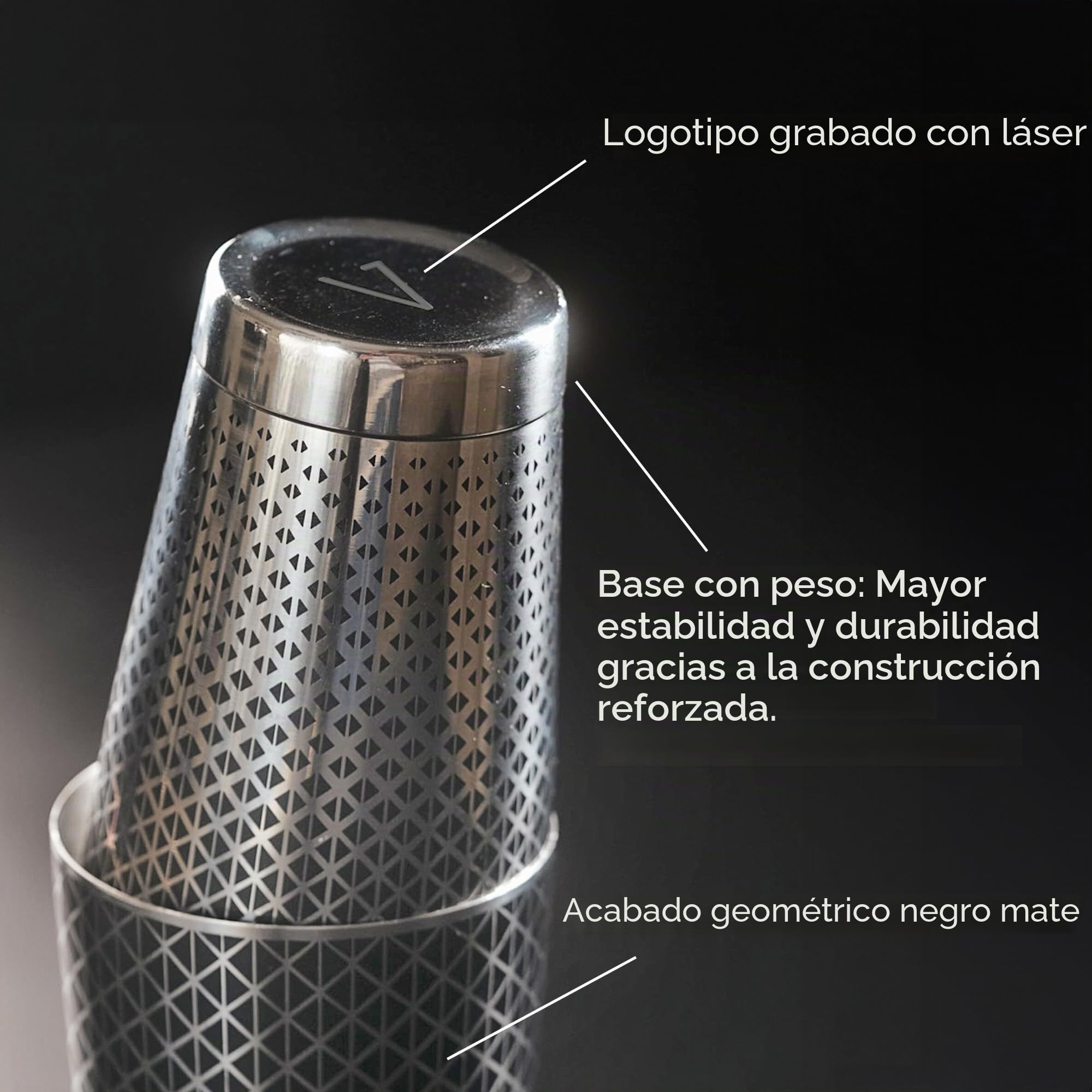 Kidia Boston Shaker Profesional de Acero Inox 304 con Patrón Geométrico Negro – Set 2 Tin 828 ml + 424 ml – Estuche de Madera Incluido – Kit Bartender, Bar, Hogar, Regalo Elegante