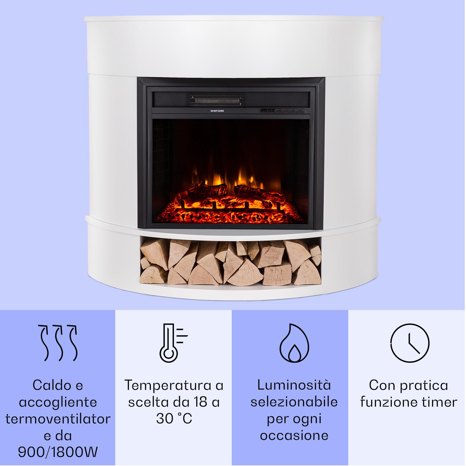 Klarstein Camino Elettrico Basso Consumo, Camino da Terra con Mensola, Elettrico da Parete, Caminetto 1800W, Finto Decorativo con LED, Telecomando, Timer, Controllo Temperatura