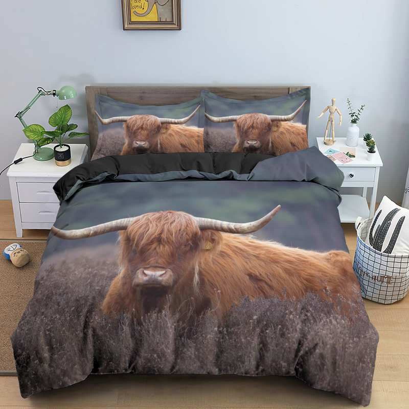 Housse de couette 220x240 anti-plis en microfibre 110g parure lit vache jaune