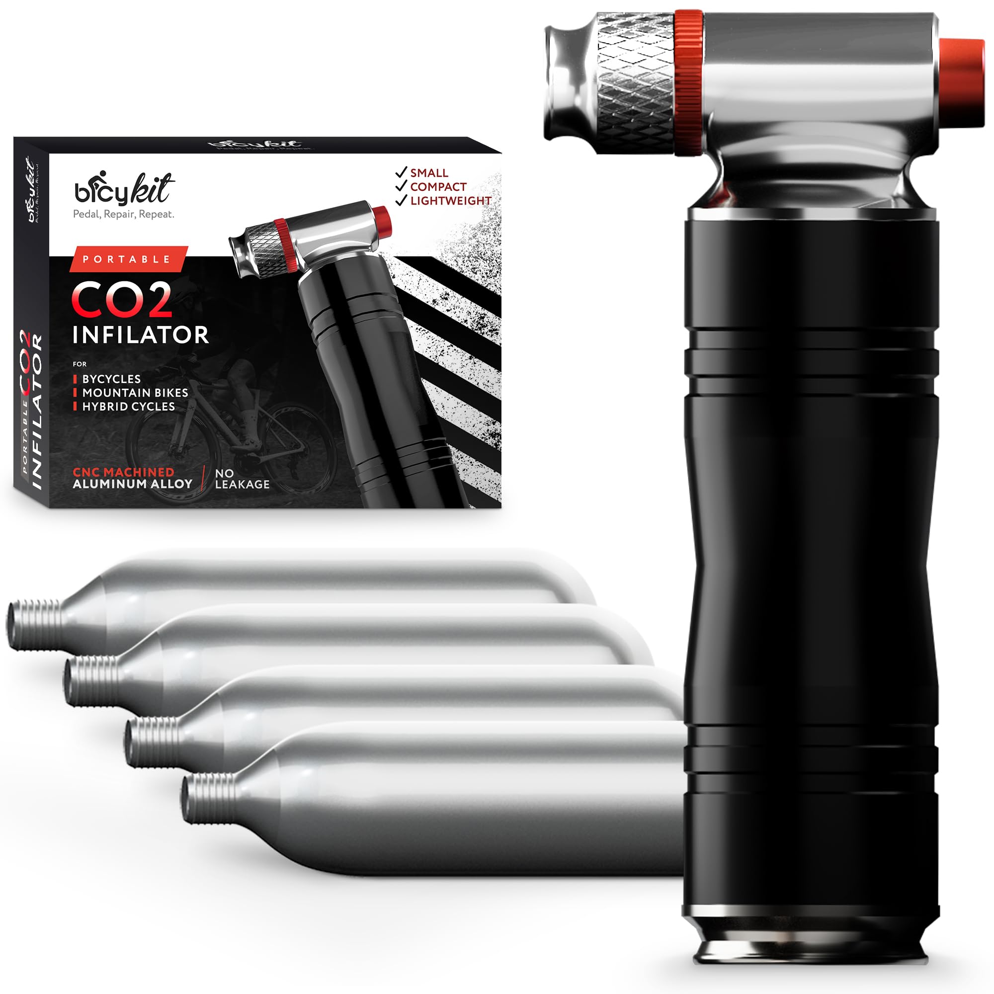 BicyKit - Inflador de neumáticos de bicicleta de CO2 con 4 cartuchos de CO2 - Válvula Presta y Schrader compatible con bicicletas de carretera y montaña - Accesorios de bicicleta de montaña para