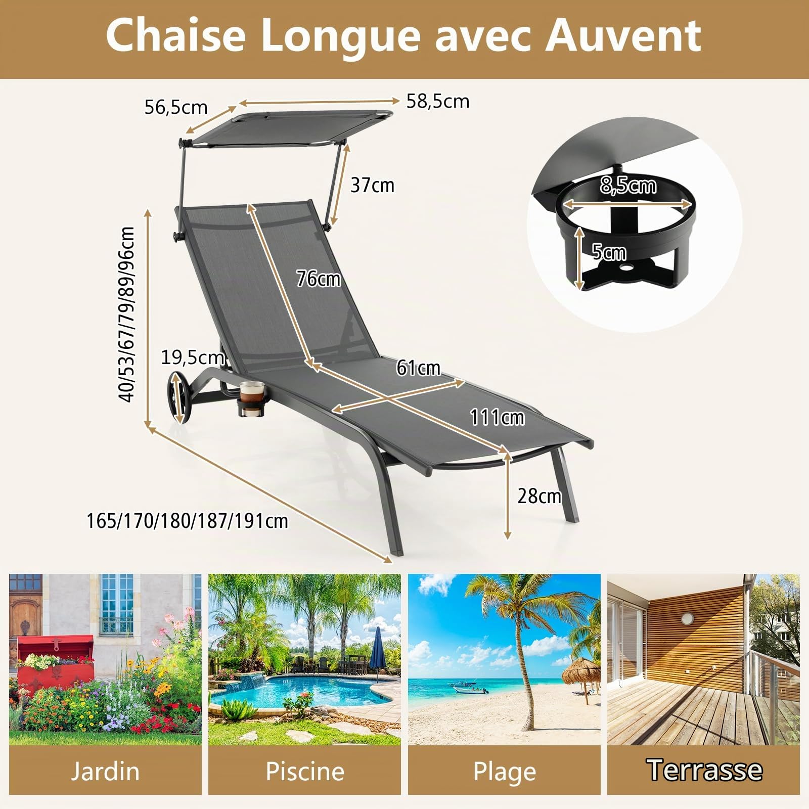 GOPLUS Transat Jardin Exterieur avec Pare-Soleil Réglable et Porte-gobelet, 165 x 61 x 96, Bain de Soleil avec Dossier Réglable 6 Niveaux avec roulettes pour Piscine, Jardin, Charge 150KG (Gris)