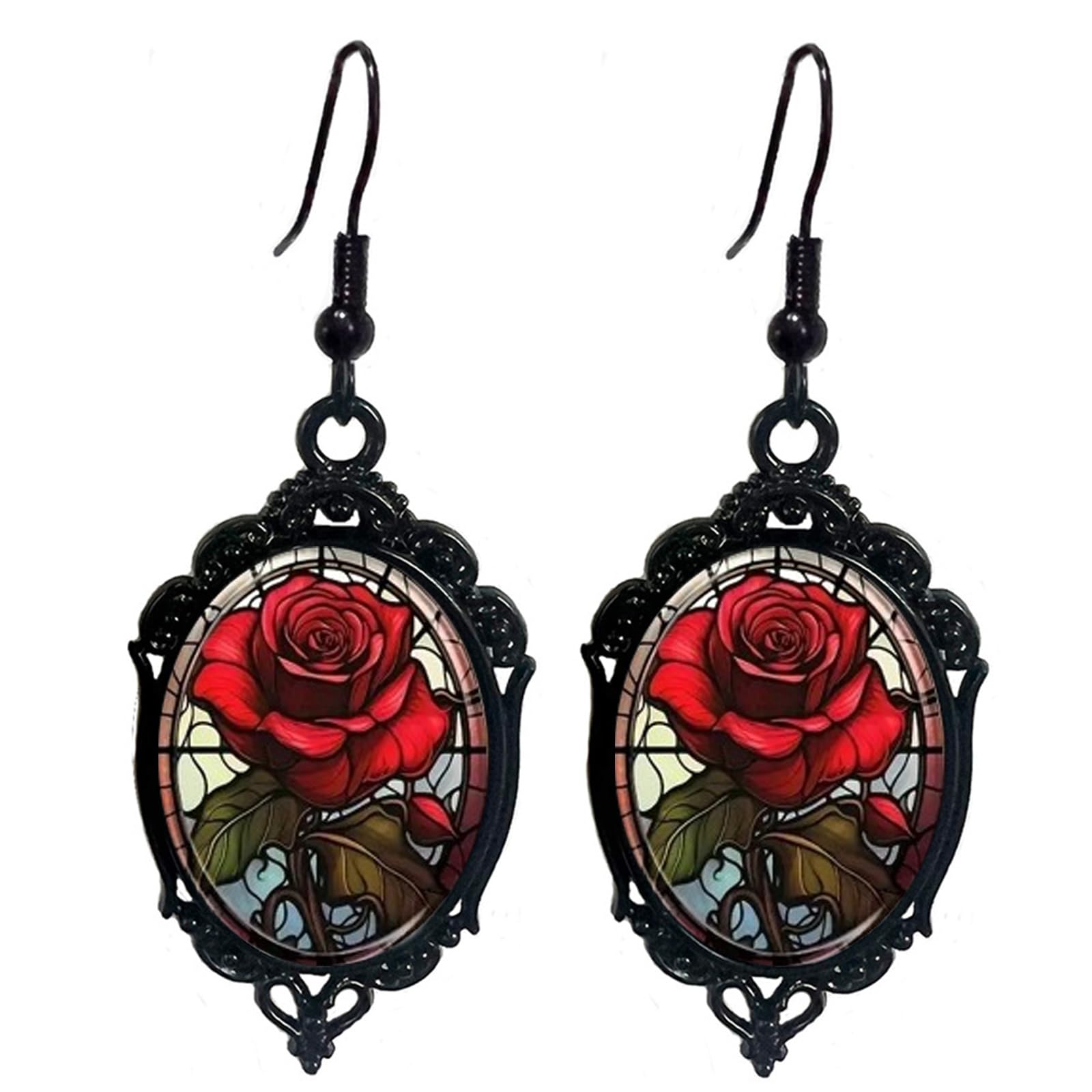 GYRMMUE Gothic Rose Cameo Dangle Earrings,Vintage Crystal Glass Flower Drop Earring Dark Punk Style Rose Earring Victorian Mystic Jewelry Accessories for Women