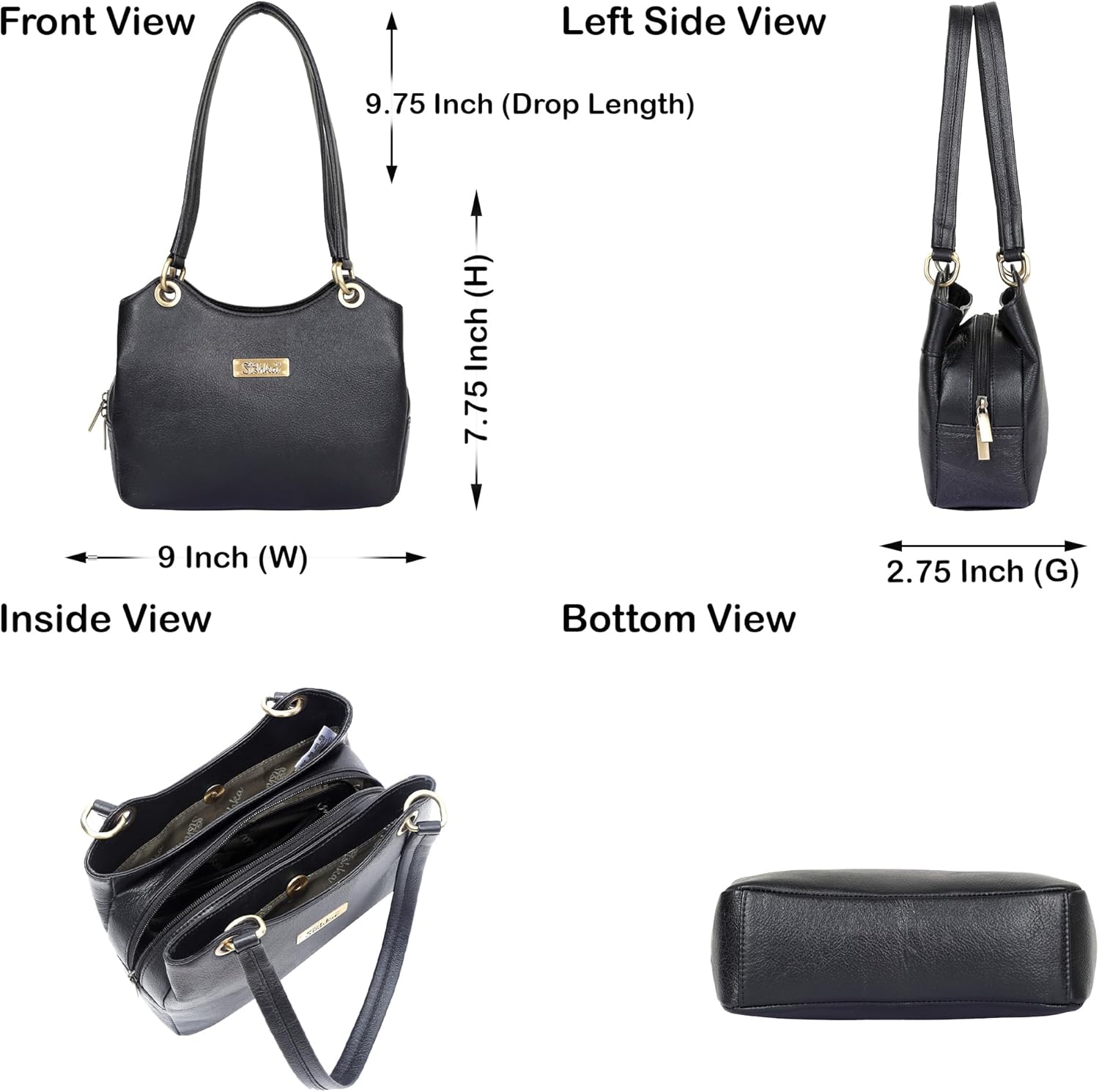 Women's Black Genuine Leather Top Handle Shoulder Tote Bag, Ladies Satchel Handbag Purse for Work, Office, Daily Use