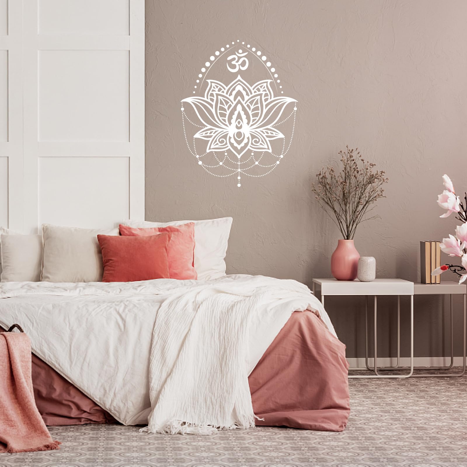 PLIGREAT White Lotus Flower Wall Sticker DIY Mandala Om Chakra Symbol Removable Vinyl Sticker for Living Room Bedroom Office Hotel Zen Room Meditation Home Background Wall Art Decor