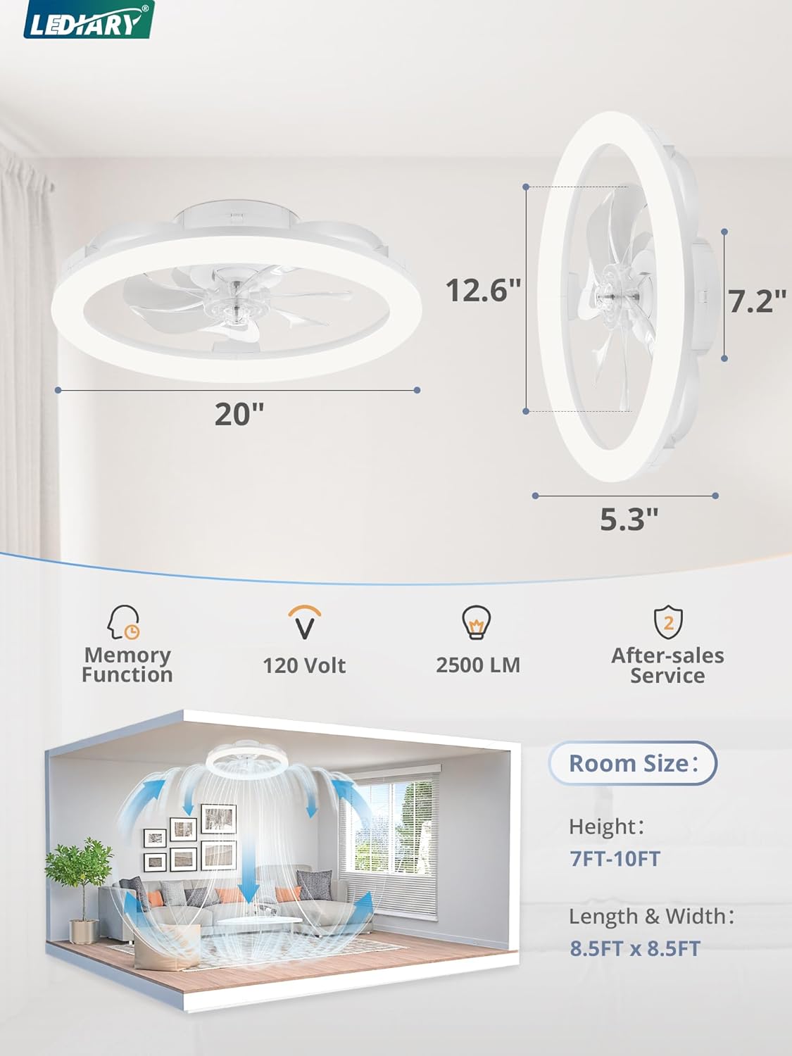 LEDIARY 20 Inch Low Profile Ceiling Fans with Lights and Remote, Dimmable Modern Fan Light(3000K-6000K), 6 Speed, Reversible, APP & Remote Control, Flush Mount Ceiling Fan for Bedroom, White