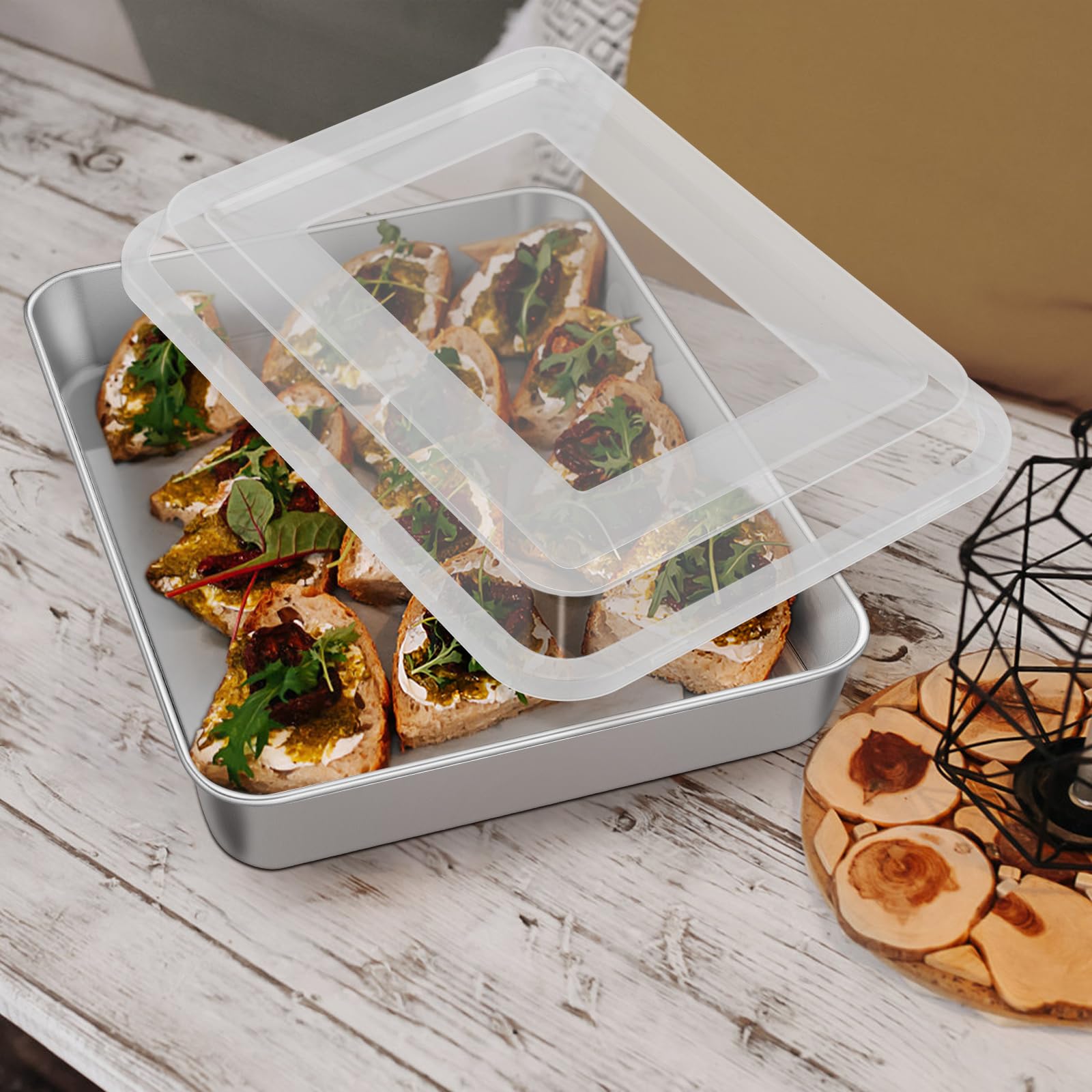 Leonyo Backform mit Deckel, 4er-Set, 30,5 x 24,9 x 5,1 cm, tiefe Edelstahl-Kuchenform zum Backen, rechteckiges Lasagneblech für Focaccia, Brot, Brownies, Aufläufe, Refrige & ofenfest