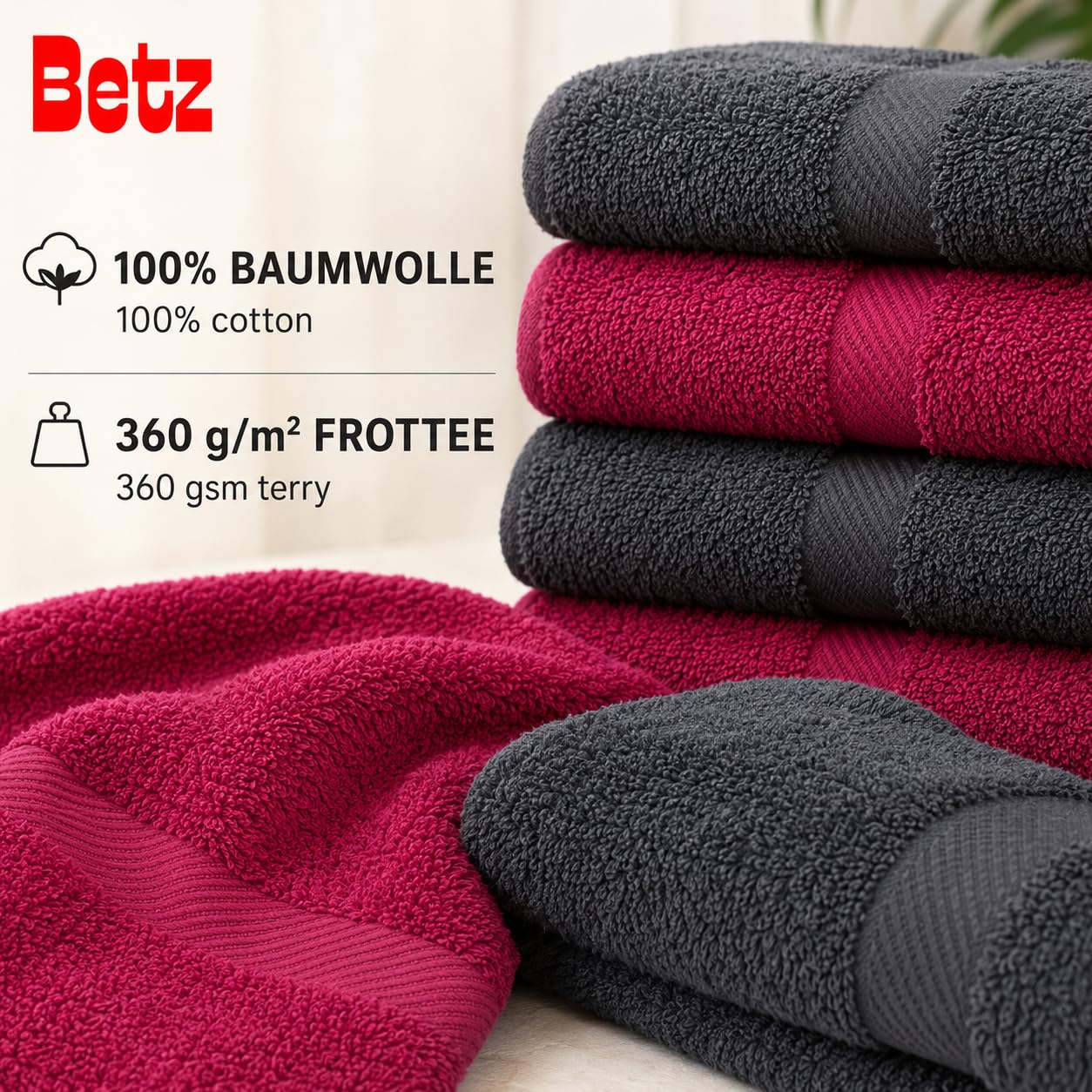 Betz 12-TLG. Handtuch-Set Palermo 100% Baumwolle 2 Liegetücher 4 Handtücher 2 Gästetücher 2 Seiftücher 2 Waschhandschuhe Farbe Cranberry und anthrazit