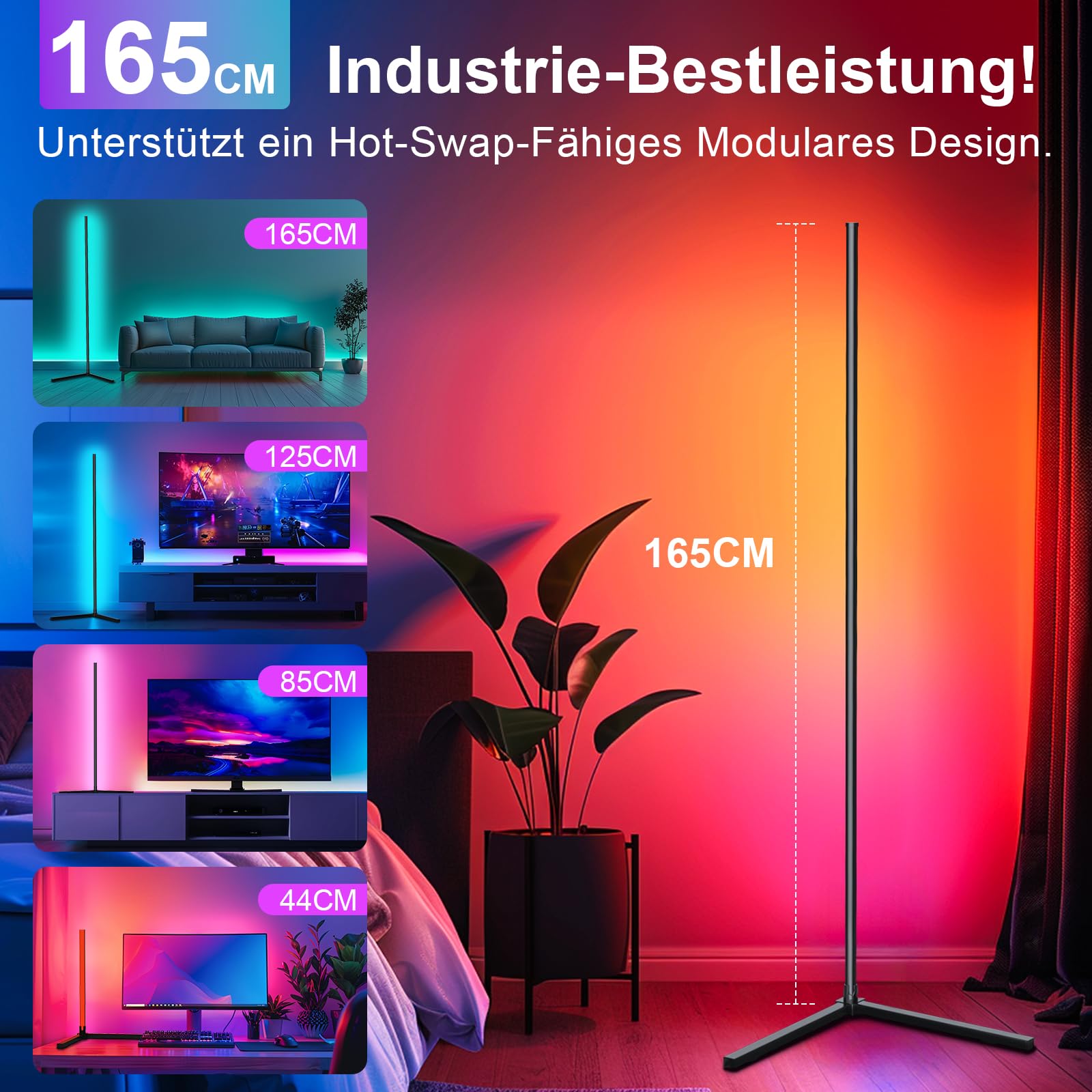 Lampadaire LED d'Angle 165CM RGB Lampe sur Pied avec Adaptat et APP, Musique Sync et Minuteur 16 Millions Couleurs Lampe pour le Salon Chambre et la Décoration de Fête