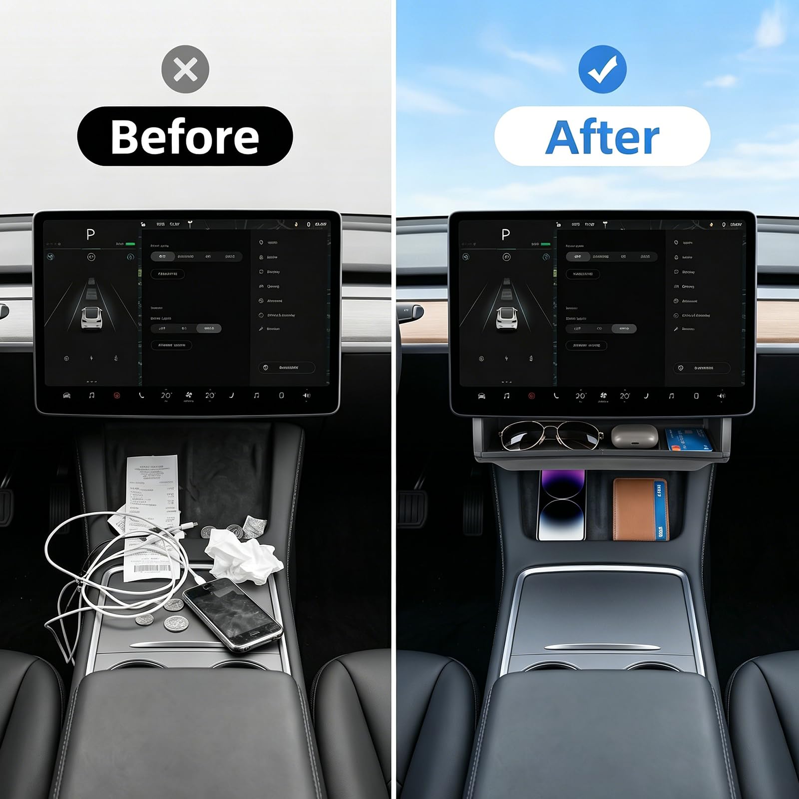 Organiseur de rangement sous écran pour Tesla Model Y Juniper 2025-2026 (Standard, Premium et Performance) et Model 3 2024-2026, plateau organiseur dissimulé pour console centrale, installation rapide