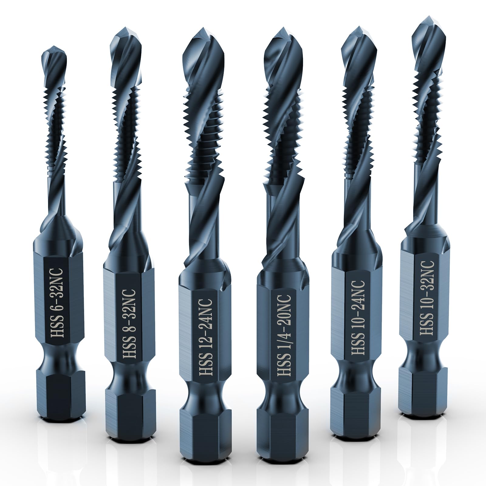 THINKWORK Combination Drill Tap & Tap Bit Set, 6 Pack 3-in-1 Anti-Rust Black Titanium Coated Screw Tapping Bit Tool in SAE Size 6-32NC 8-32NC 10-24NC