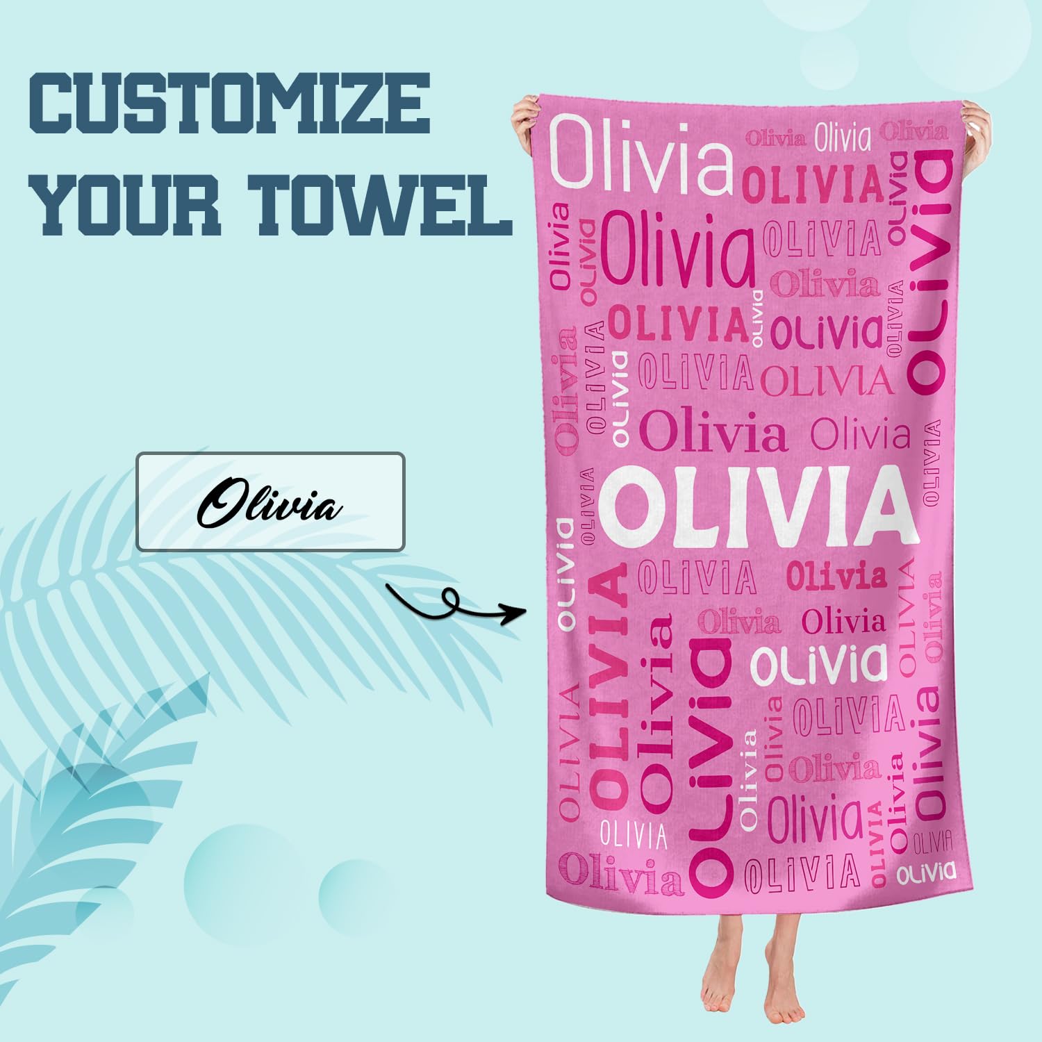 Custom Name Beach Towel, Personalized Pool Towel with Name for Kids Adults, Customized Name Swimming Towels for Men Women Boys Girls