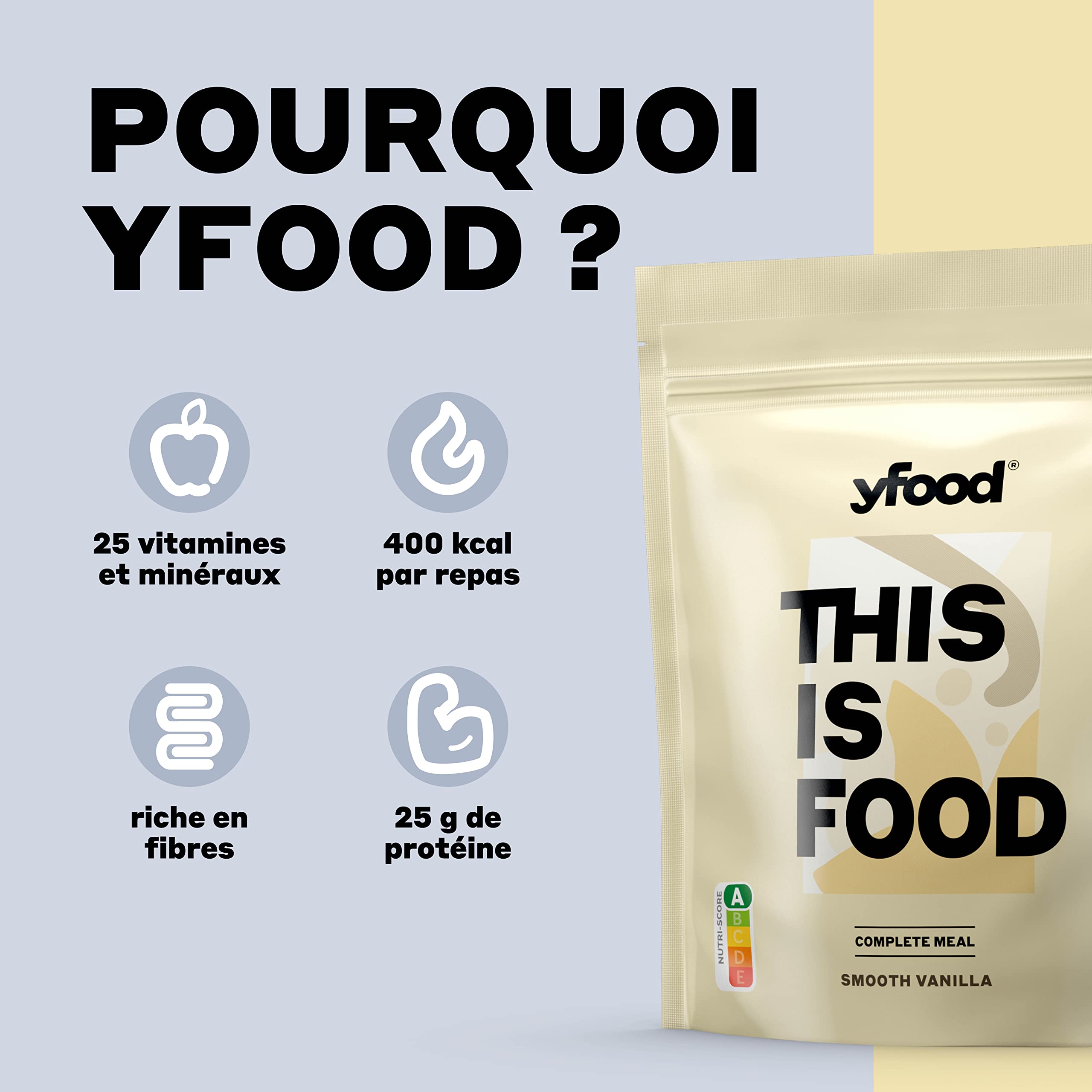 yfood poudre Smooth Vanilla, substitut de repas protéiné, THIS IS FOOD, 26 vitamines et minéraux, 17 repas par sachet de 1,5 kg, goût vanille