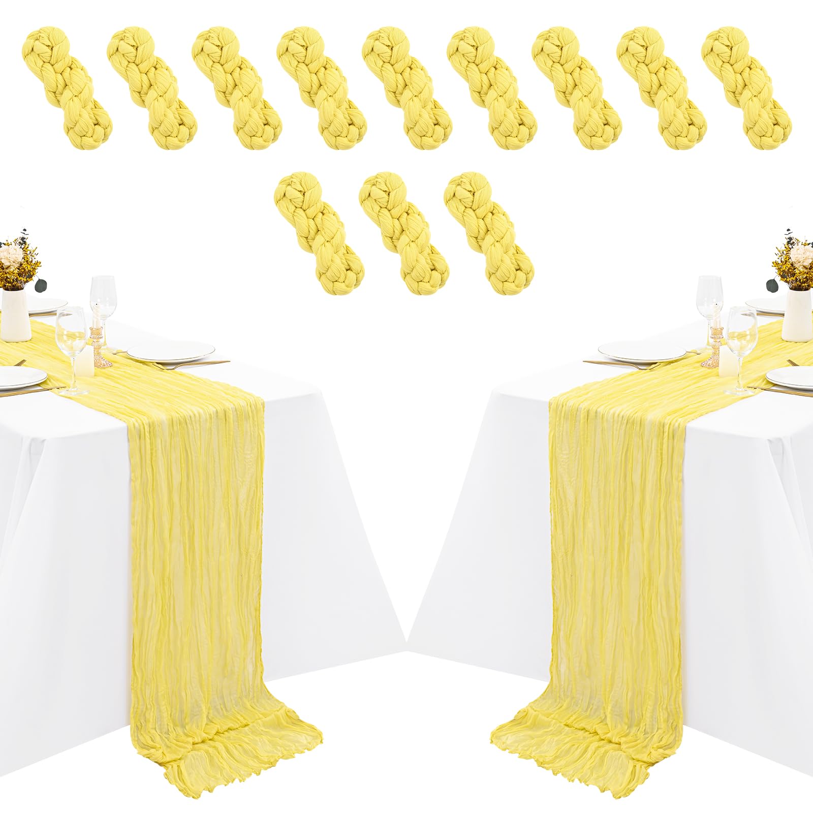 Paquete de 12 Caminos de Mesa de Gasa Amarillo Claro de 35 x 120 Pulgadas, Camino de Mesa de Gasa de 10 pies, Camino de Mesa Bohemio rústico para Boda, Despedida de Soltera, graduación, Banquete,