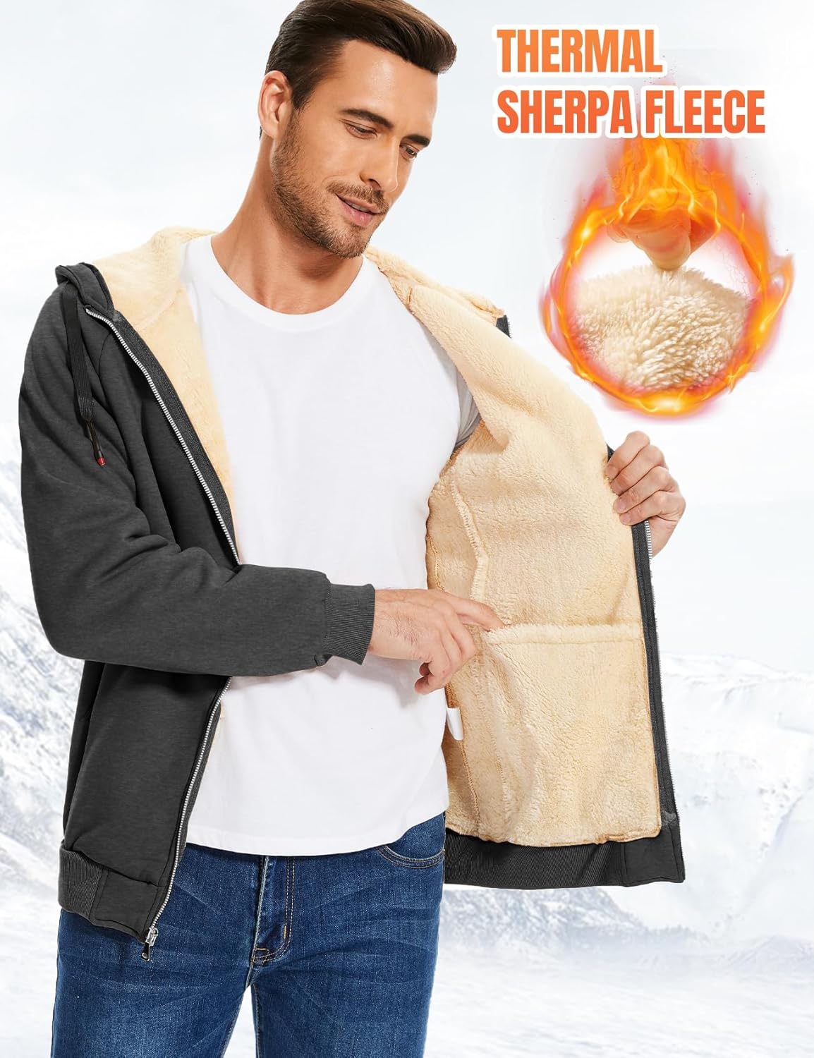 Flygo Sherpa Hoodies for Men Zip Up Winter Fleece Lined Hooded Sweatshirt Heavyweight Warm Jackets - Image 2
