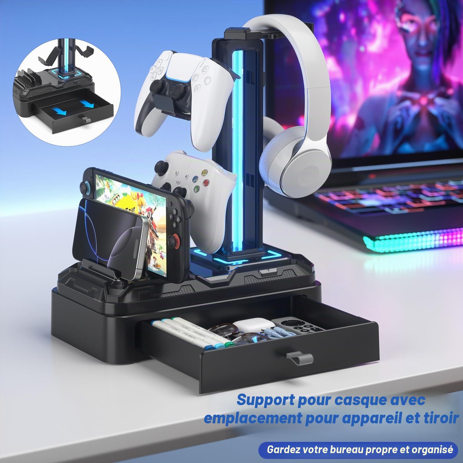 KDD Support Casque avec Ports de USB A&C - Porte Manette Lumineux avec Crochets Amovibles - Crochet Rotatif pour Casque et Emplacement pour Appareils - Base de Rangement à Tiroir pour Bureau Gaming