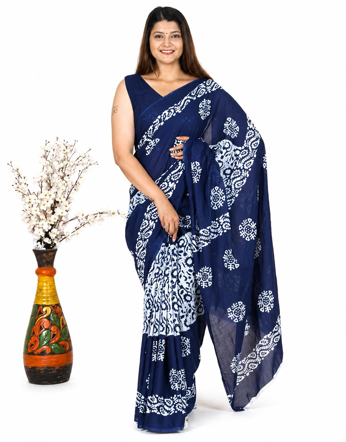 Ready to Wear Pure Cotton Printed Saree for Women with Unstitched Blouse – Soft, Breathable Lightweight Daily Wear Saree (Style 39, Dark Blue)-picture-23