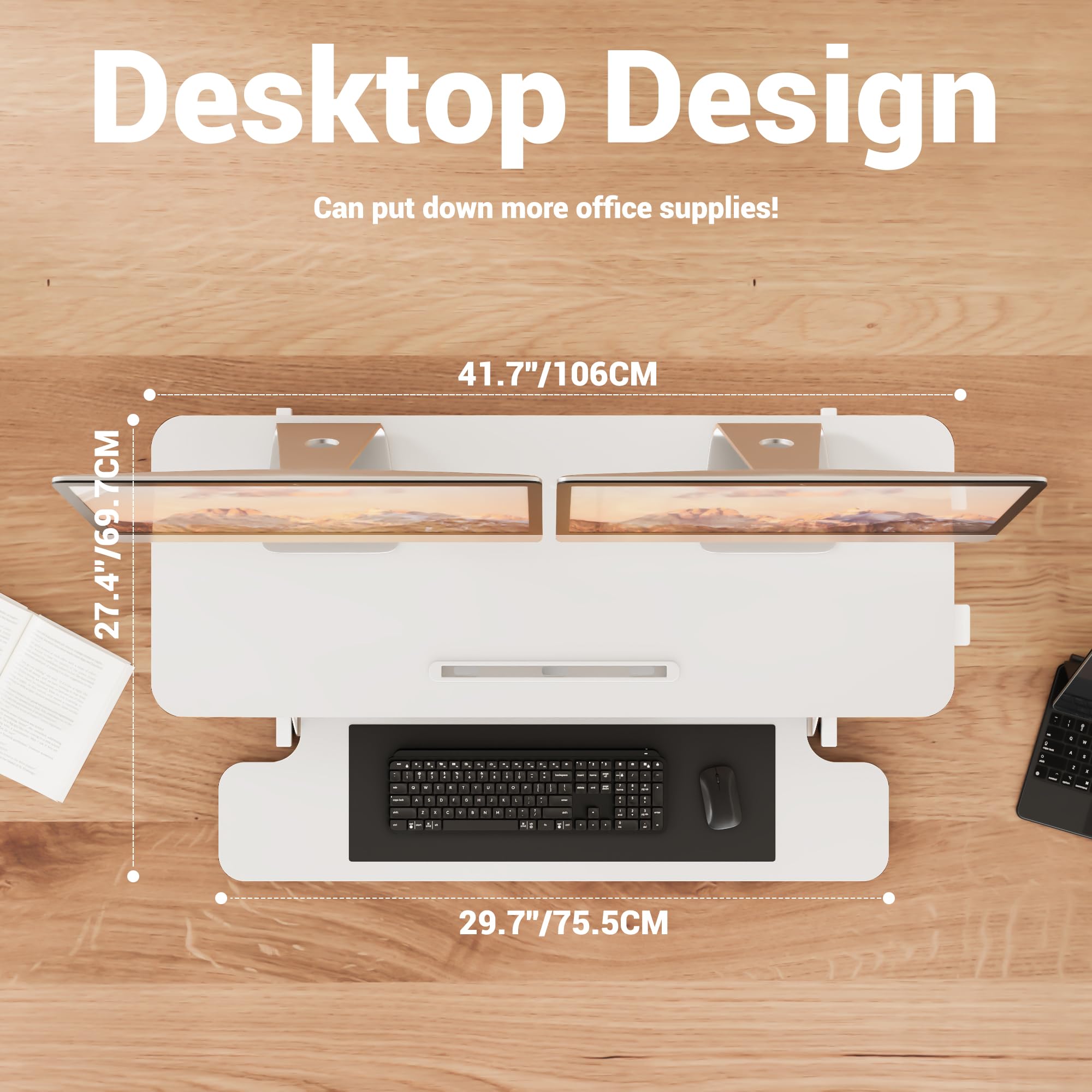 ERGOMAKER Convertisseur de Bureau Debout réglable en Hauteur avec Large Plateau pour Clavier, pour Deux écrans,Blanc - 106 cm