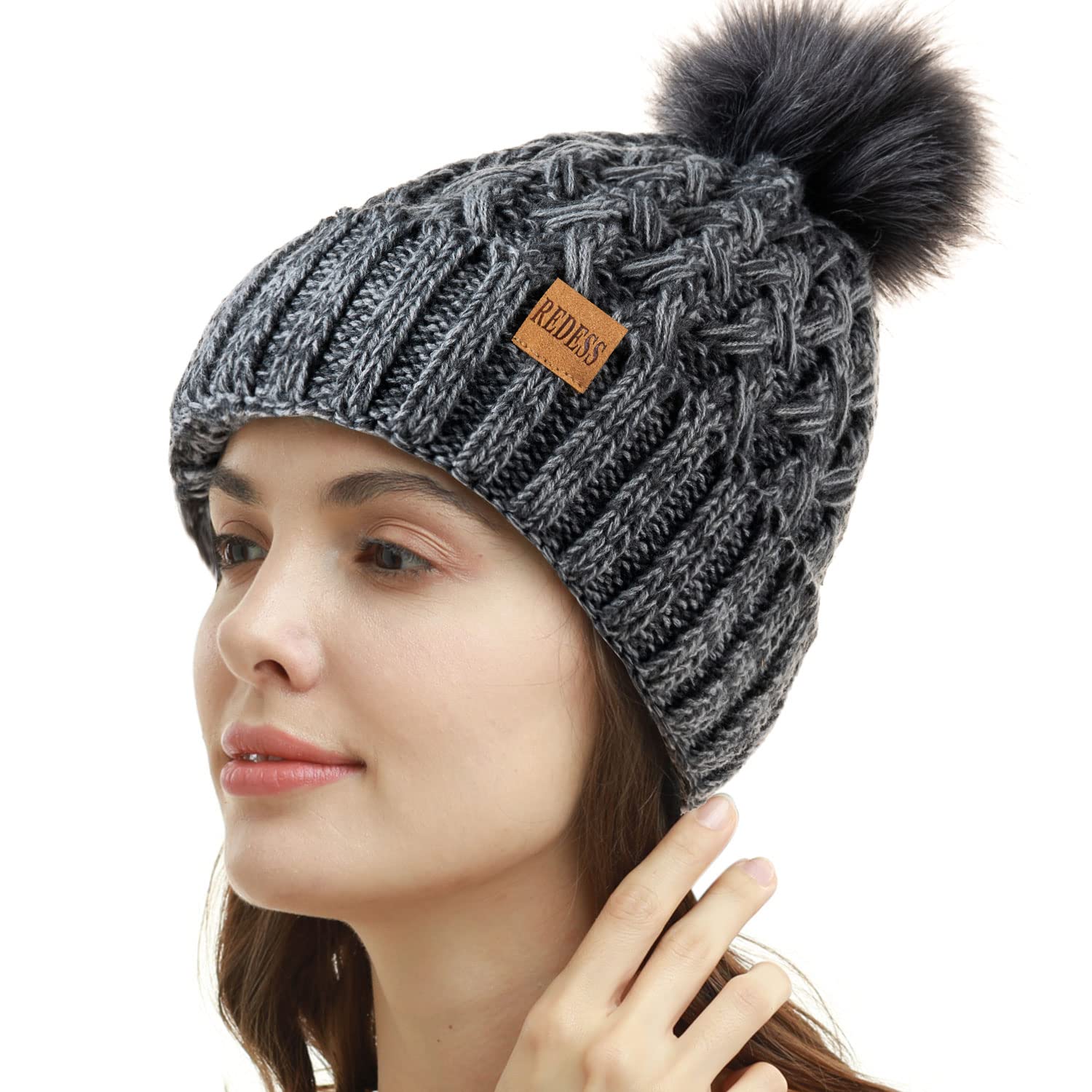 REDESS Cappello Invernale da Donna con Pompon con Pompon Cappelli Caldi Foderati in Pile, Berretto Incrociato in Maglia di Neve Spessa e Morbida per Le Signore
