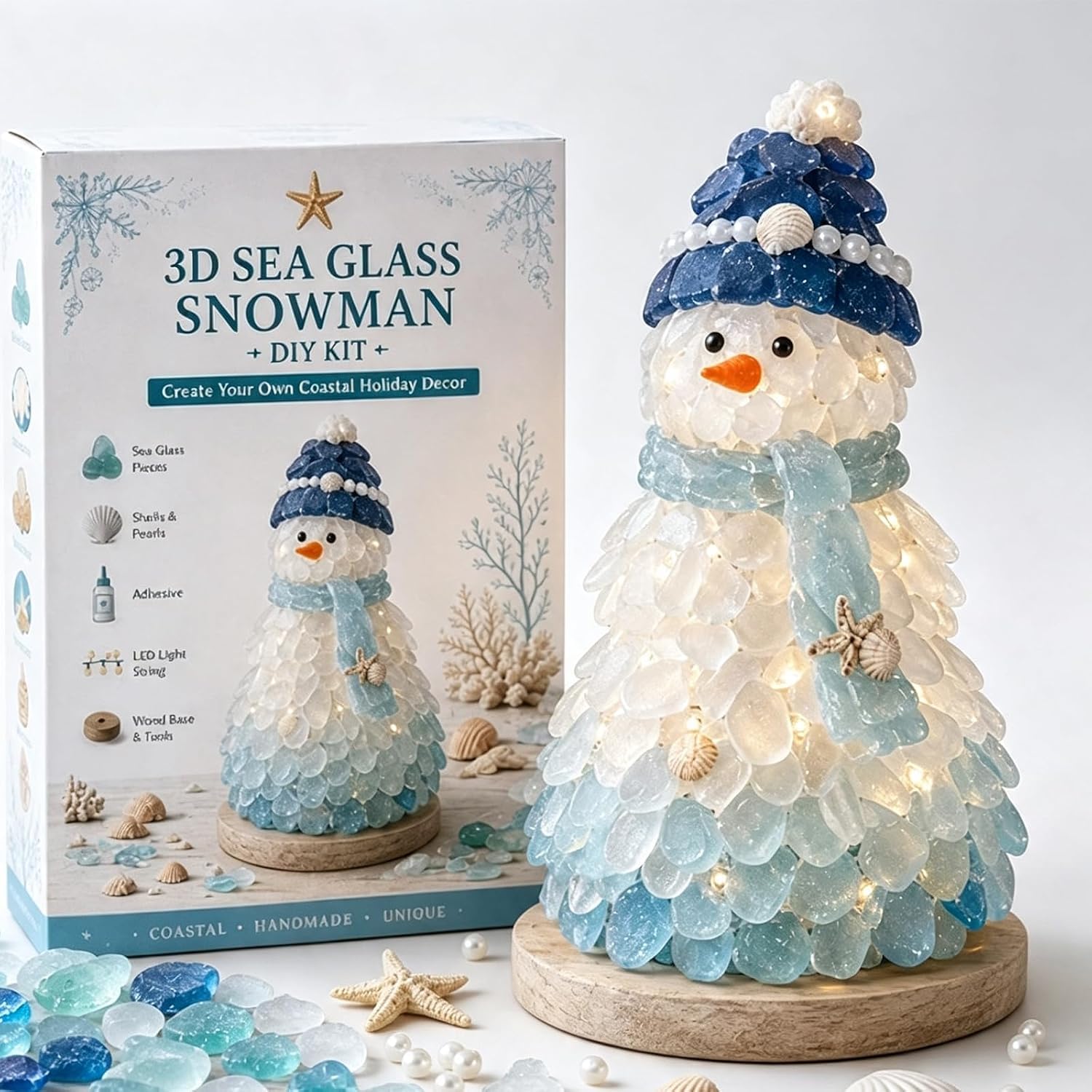 3D DIY Sea Glass Art Kit, Craft Kit with Shells & Pearl Accents,Snowman