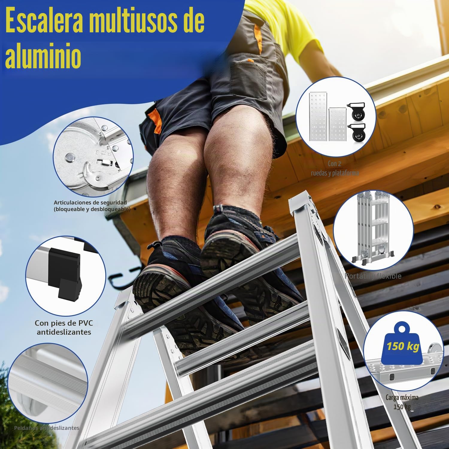 Fiqops - Escalera multifunción (4 x 3, 360 cm, 7 en 1, aluminio, con 2 plataformas y 2 ruedas de transporte, hasta 150 kg)