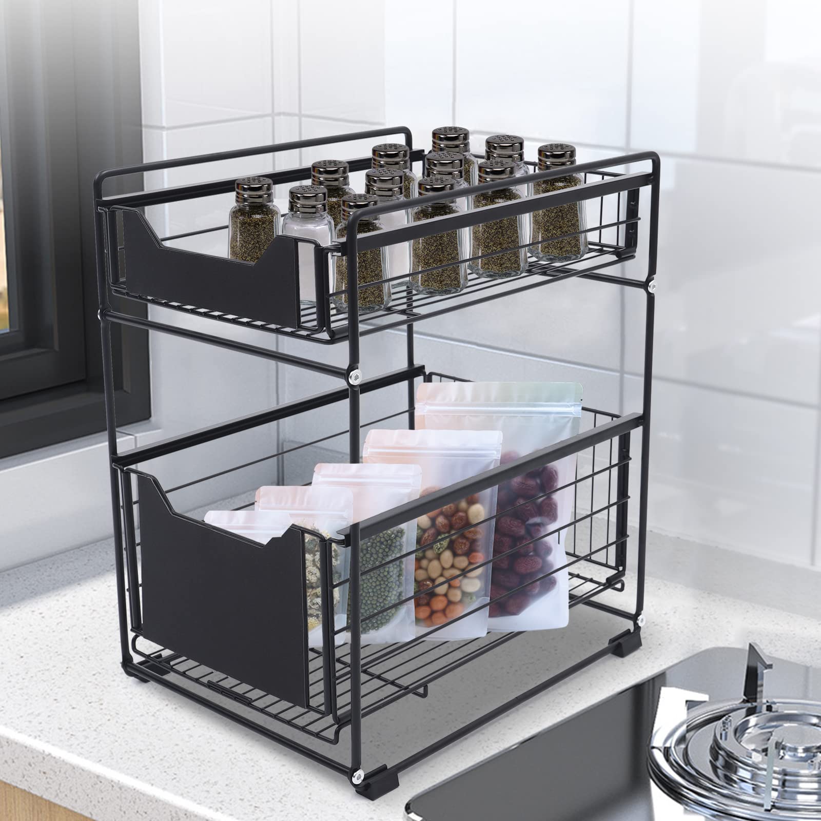 OUKANING 2-poziomowy organizer do zlewozmywaka, 37,4 x 28,2 x 44 cm, regał kuchenny z wysuwanym koszem i regałem na przyprawy, metalowy regał pod umywalkę, regał pod umywalkę, regał na przyprawy do