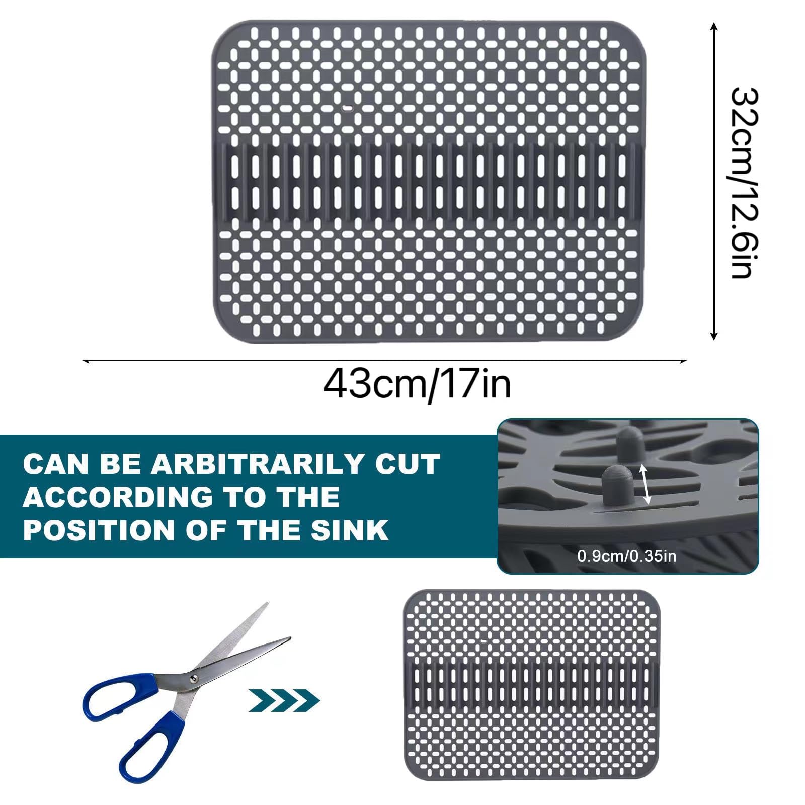 Tapis D'évier de Cuisine en Silicone Protecteur D'évier Pliable Résistant à La Chaleur, Tapis Fond Evier Cuisine pour éviers en Acier Inoxydable/Céramique, Gris Foncé, 43 x 32 cm