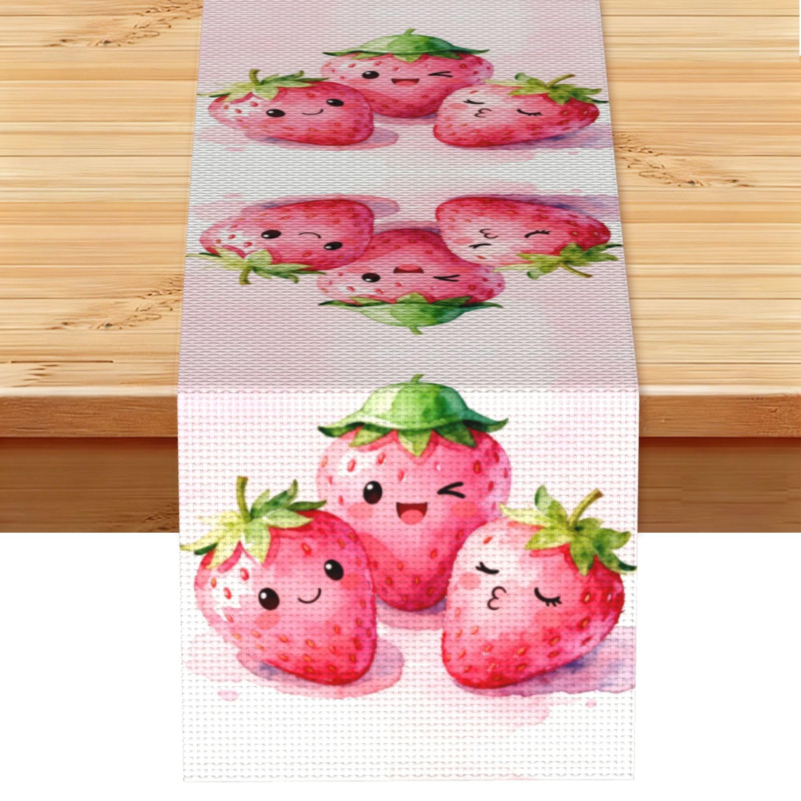 Smiling Strawberry Linen Look Table Runner 13x72-Wrinkle Resistant Farmhouse Style for Dining Table Decor