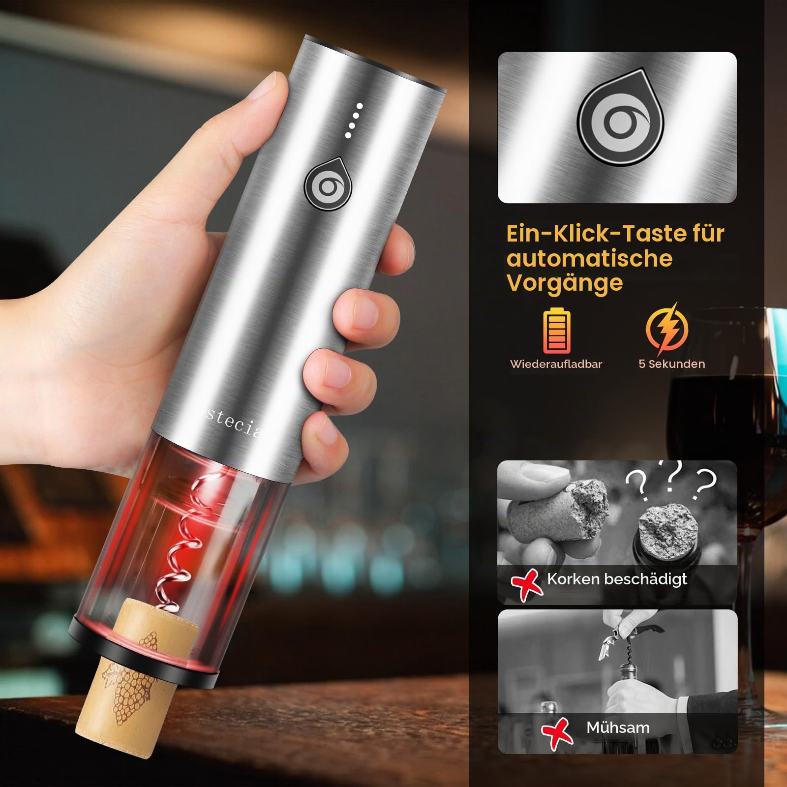 Elektrischer Weinkorkenzieher 4-in-1 Geschenkbox Set mit Automatischer Weindekanter & Weinöffner, Vakuumstopfen, Kapselschneider - USB-C Schnelladung für Weinliebhaber