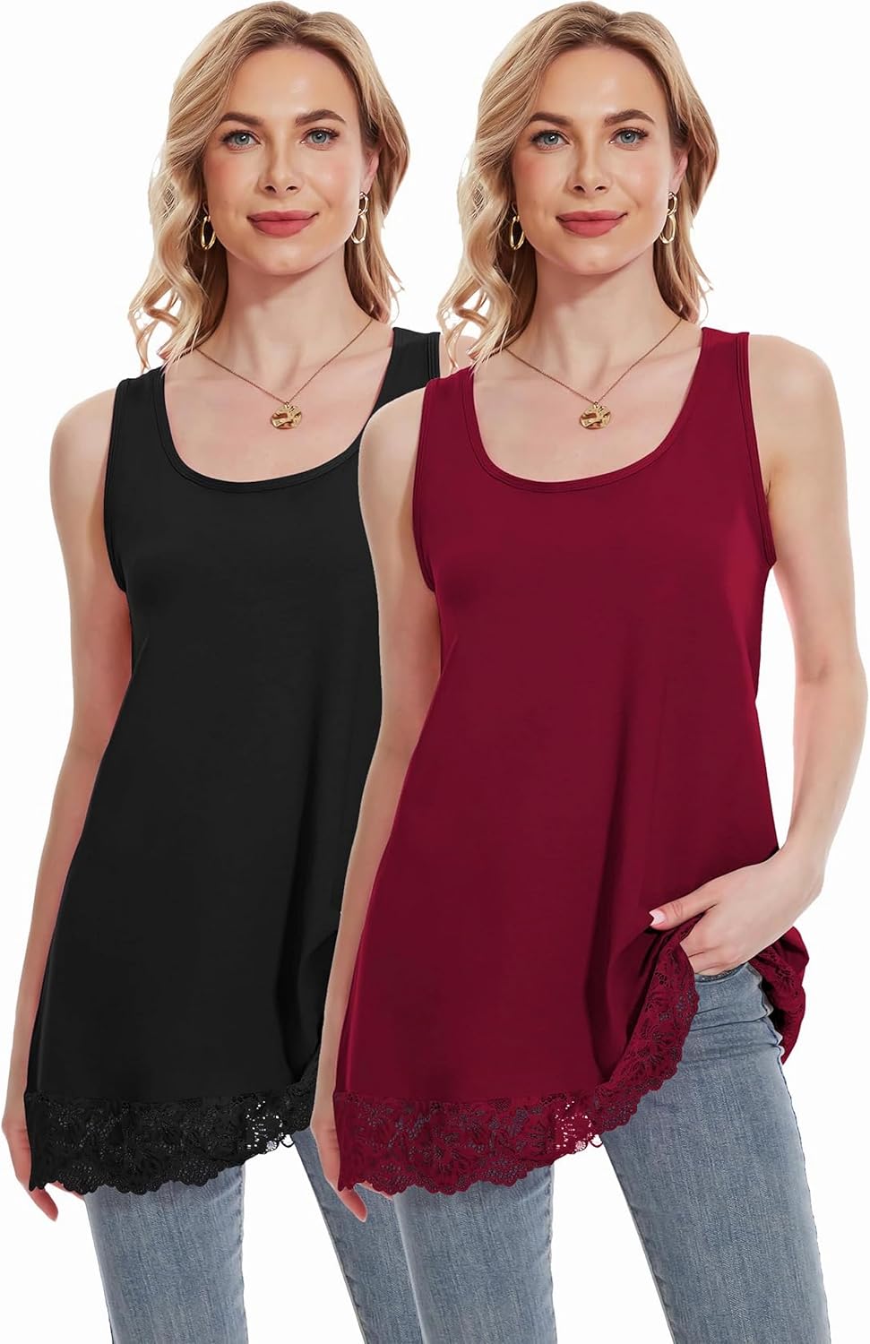 TAIPOVE Long Lace Camisole Tank Tops for Women for Under Clothes Cotton Layering Shirt Extender Sleeveless Tunic 2PKS