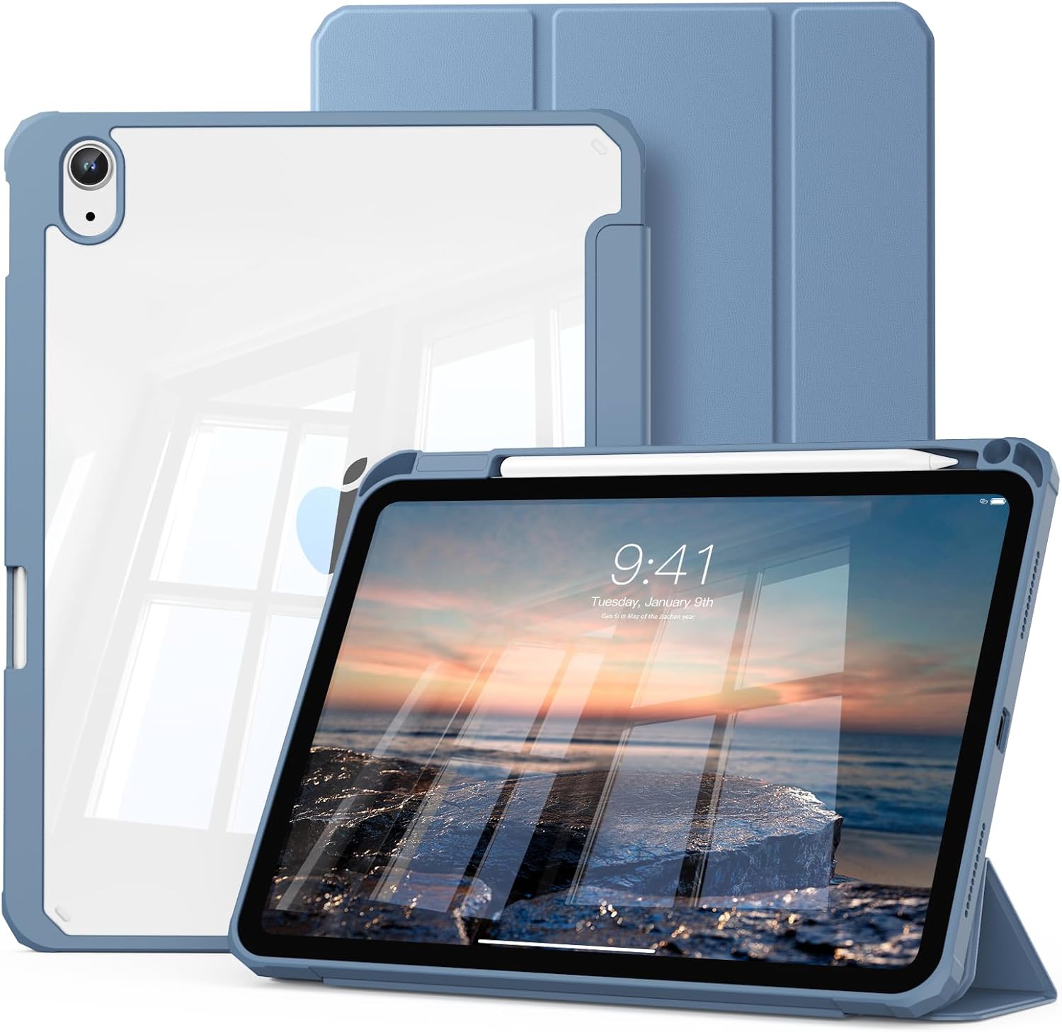 for iPad (A16) 11th Generation Case 11 Inch 2025, iPad 10th Generation Case 10.9 Inch 2022 with Pencil Holder, Trifold Stand Protective Cover, Hard PC Clear Back, Auto Wake/Sleep, Haze Blue