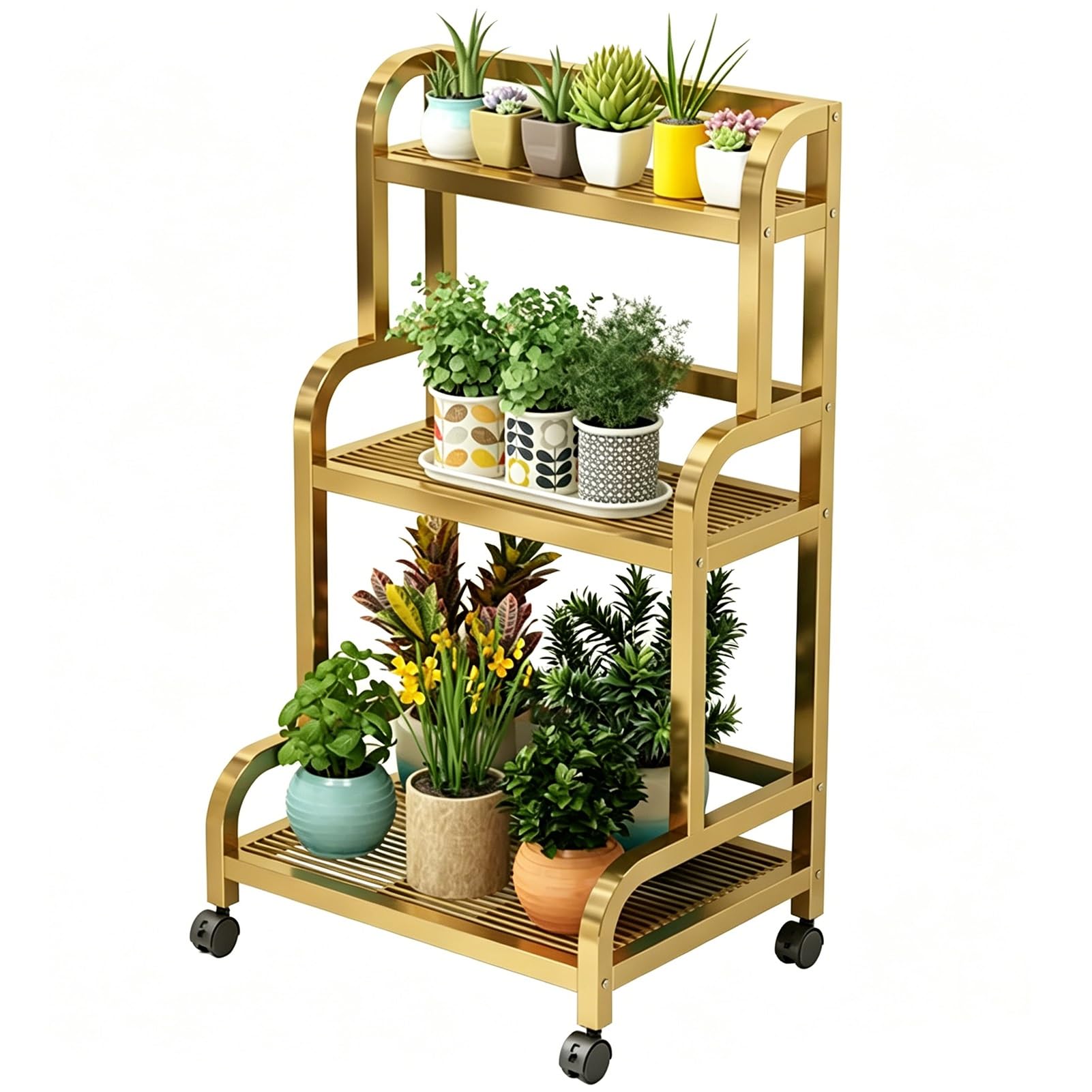 DMCHENGMA Freestanding Corner Plant Stand 3 -Tier | Golden Metal Ladder Flower Shelf w/Wheels and Brakes Space-Saving Tiered Planter Holder(80x40x107cm)