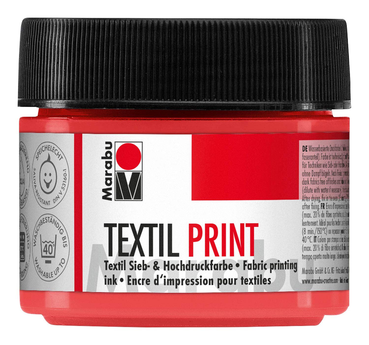Marabu 17030050913 - Textil Print pyrrolrot 100 ml, Sieb- und Hochdruckfarbe auf Wasserbasis, geruchsneutral und lichtecht, lange Offenzeit, für helle und dunkle Textilien