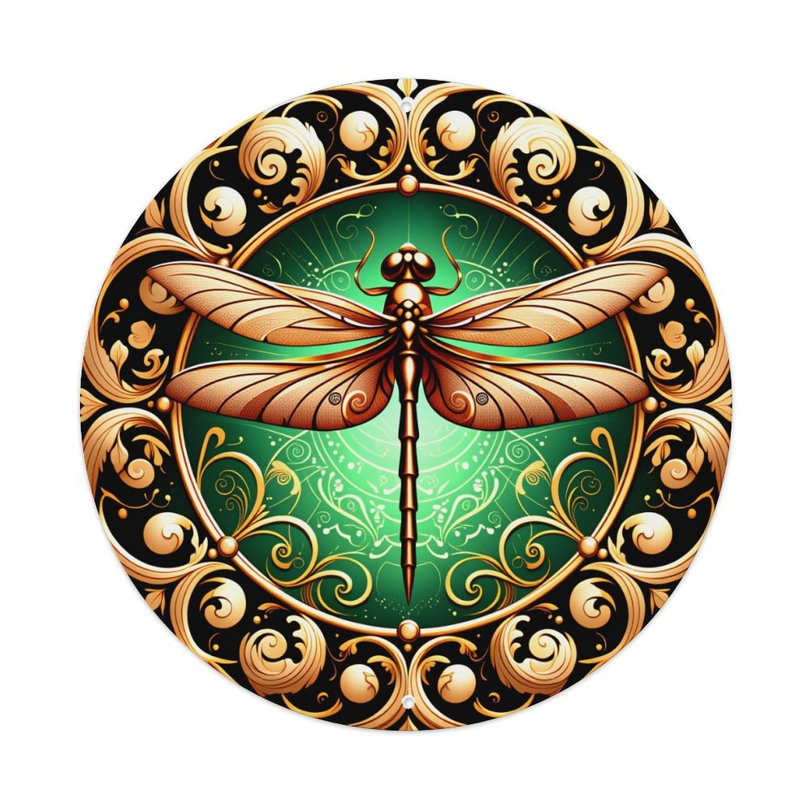 Golden Dragonfly Ornate Circular Pattern With Swirls And Gems Round Vintage Tin Sign,Retro Wall Art,Metal Poster for Home, Bar, Garage, Cafe, Rustic Indoor & Outdoor Decor, 8x8 Inches