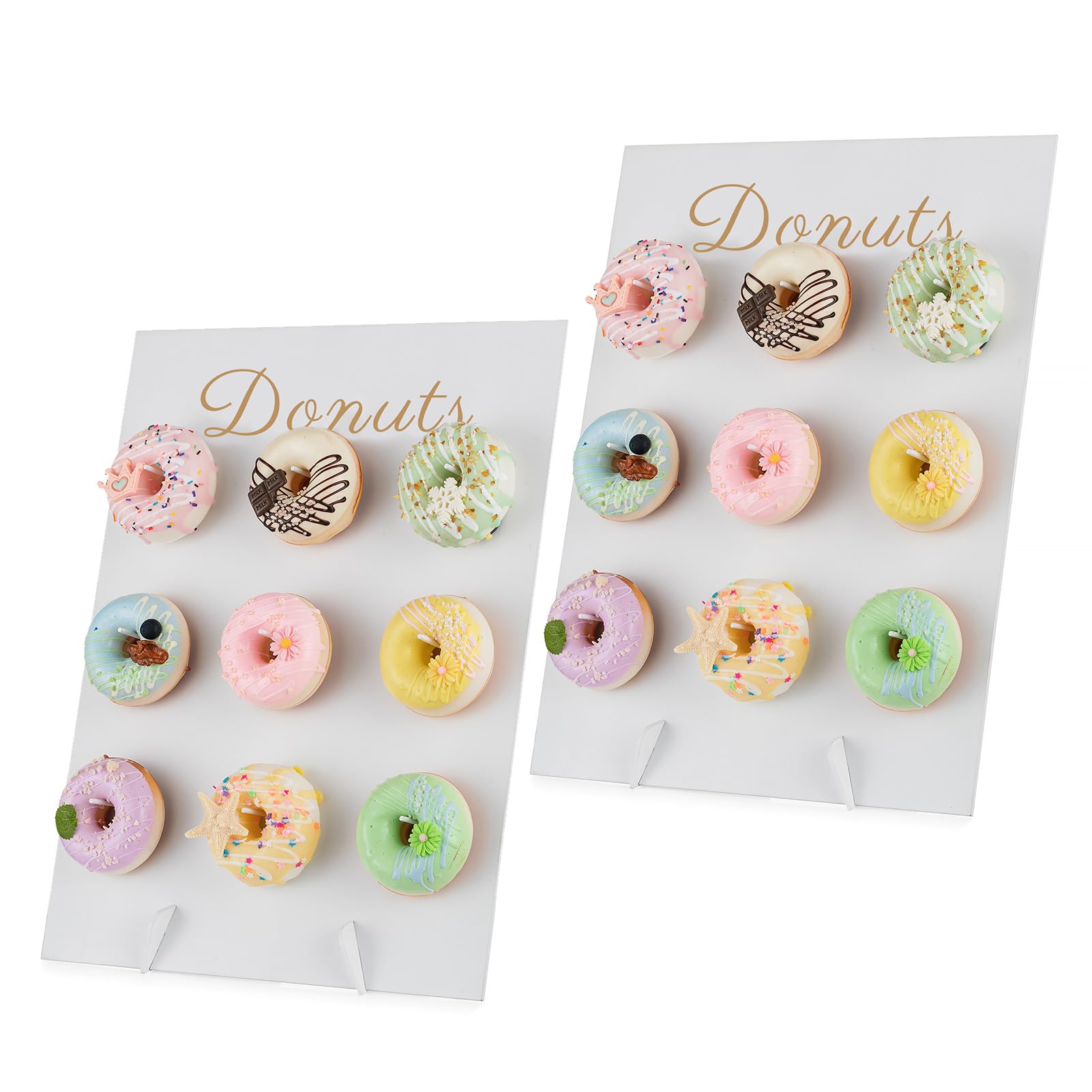 NUPTIO Donut Stand Wall Display: White Donuts Board 2pcs Wood Bagel Holder Reusable Sweet Treat Tower Rustic Doughnut Cake Stands for Party Wedding Birthday Bridal Baby Shower Decorations Supplies