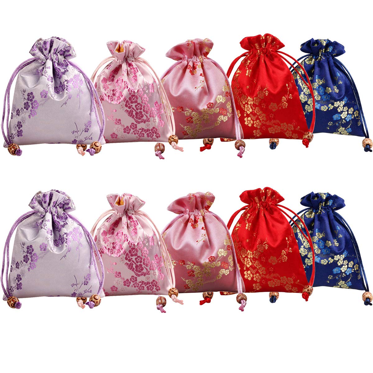 Aileder 10Pcs Silk Brocade Jewellery Pouch Double Layer Drawstring Gift Bags for Wedding Birthday Party Favours Christmas Candy Chocolate Bags Embroidered Packing Storage Bag (Pattern 3)